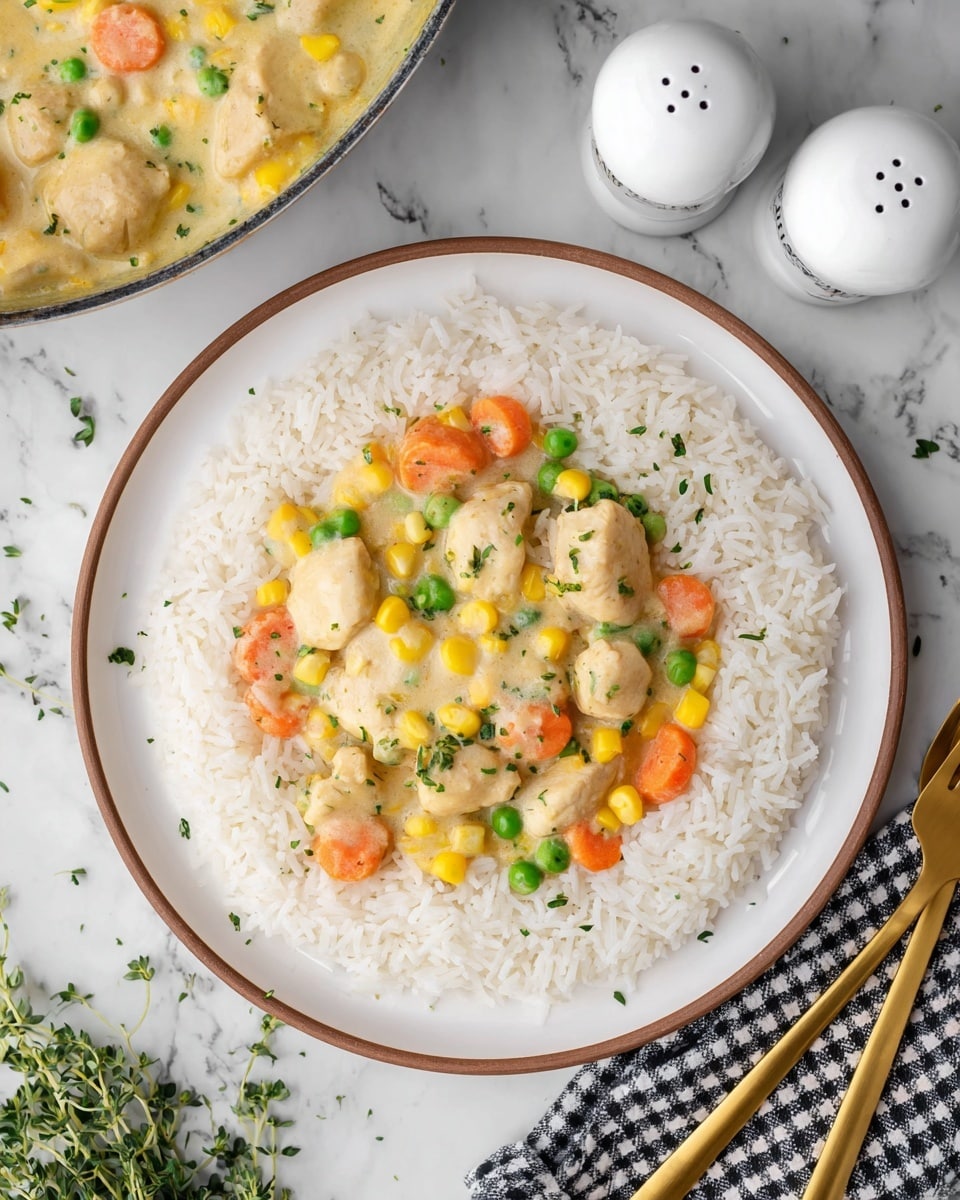 A round white plate with a thin brown rim holds a serving of white rice neatly arranged in a ring around the edge, leaving the center open for a creamy chicken stew. The stew has chunks of light beige chicken, bright orange carrot slices, yellow corn kernels, and vibrant green peas all mixed in a thick, creamy light yellow sauce, garnished lightly with chopped green herbs. In the top left corner, part of a pan with the same stew is visible. To the right of the plate, there are two white salt and pepper shakers and a sprig of green herbs on a white marbled surface. A black and white checkered cloth and golden utensils are partly visible at the bottom right. Photo taken with an iphone --ar 4:5 --v 7