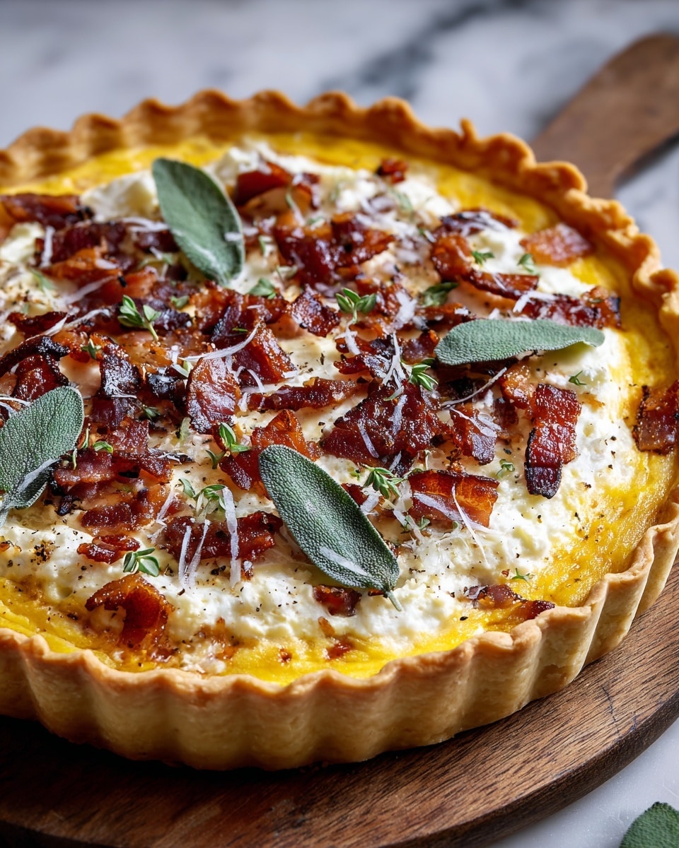 A golden brown quiche in a white fluted tart pan sits on a wooden board over a white marbled surface. The quiche has a crispy crust layer, topped with a creamy yellow egg filling speckled with melted white cheese. On top, crispy reddish-brown bacon pieces are scattered, along with fresh green sage leaves and a light sprinkle of black pepper. The texture looks smooth and slightly bubbly on the filling. Photo taken with an iphone --ar 4:5 --v 7