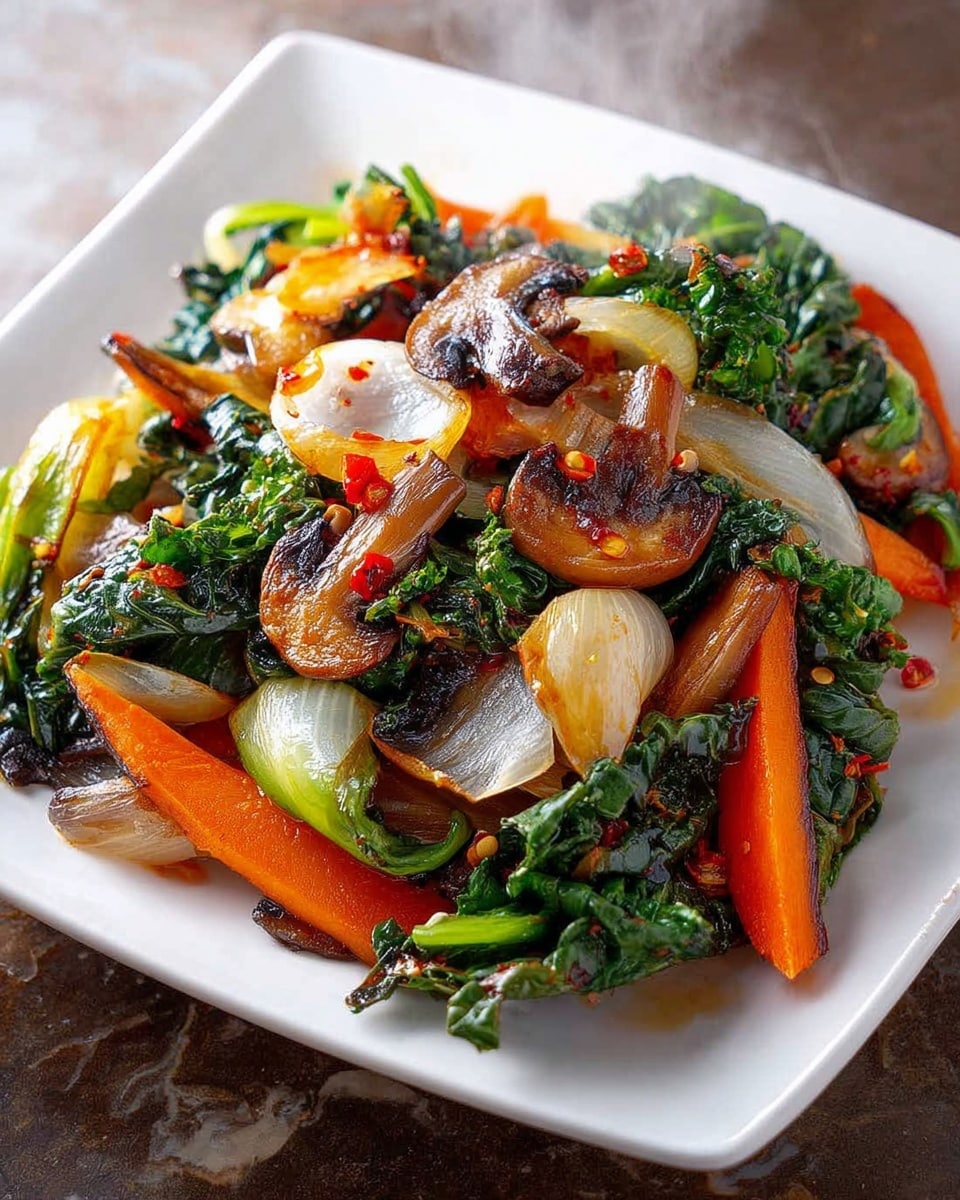 A white square plate holds a colorful stir-fry with multiple layers of vegetables. The base includes bright orange carrot slices and tender green leafy vegetables, adding fresh and rich colors. Placed above are thick, browned mushroom slices with a slightly crispy texture, mingled with golden-brown roasted onion halves. The stir-fry is sprinkled with small red chili flakes, giving a hint of spice. Behind the plate, soft steam rises, suggesting the dish is hot and fresh, all set on a white marbled surface. photo taken with an iphone --ar 4:5 --v 7