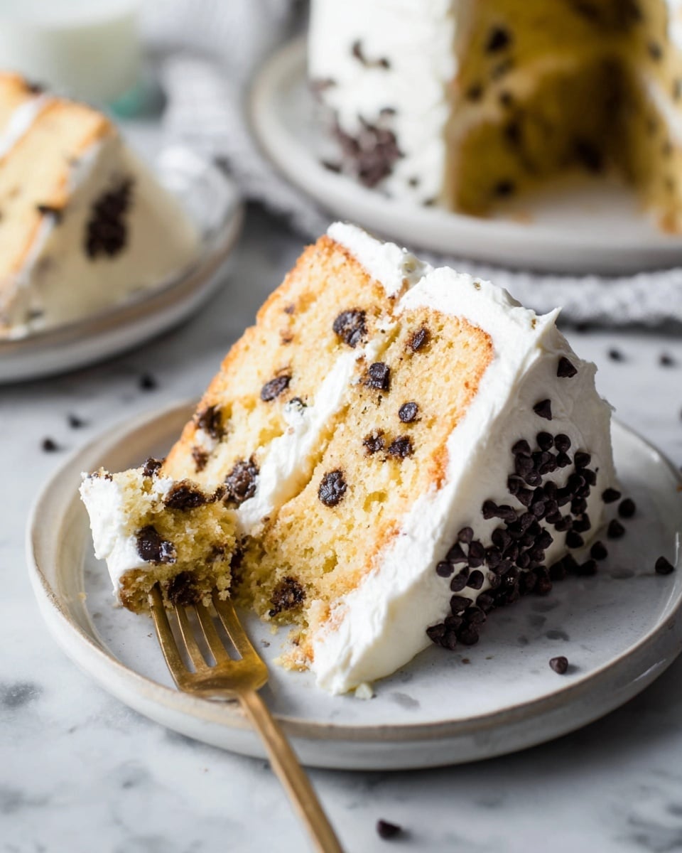The image shows a thick slice of cake on a white plate, resting on a white marbled surface. The cake has three layers, each one light beige with dark chocolate chips scattered inside. The outside of the cake is covered with a smooth, creamy white frosting that looks soft and slightly glossy. Small chocolate chips are sprinkled on the frosting around the base of the cake slice. A woman's hand is holding a fork digging into the cake from the left side. The background is softly blurred but shows another slice of the same cake. The lighting is natural and bright, making the cake look moist and fresh. photo taken with an iphone --ar 4:5 --v 7