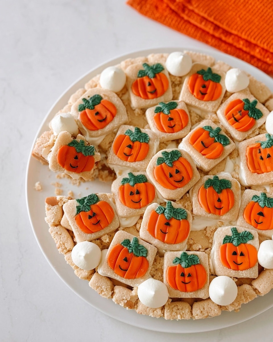 A round cake on a white plate is decorated with two layers of small cookies on top, each cookie showing a pumpkin design with bright orange and green colors. The cookies form a close pattern covering the whole cake surface. Around the edge of the cake are small dollops of white cream. One slice is cut out and placed on a smaller white plate below the cake, showing a soft, crumbly texture with visible pumpkin cookie pieces and some white cream inside. A silver fork lies near the smaller plate, and a cloth with orange pumpkin prints rests on a white marbled surface beside the dishes. photo taken with an iphone --ar 4:5 --v 7