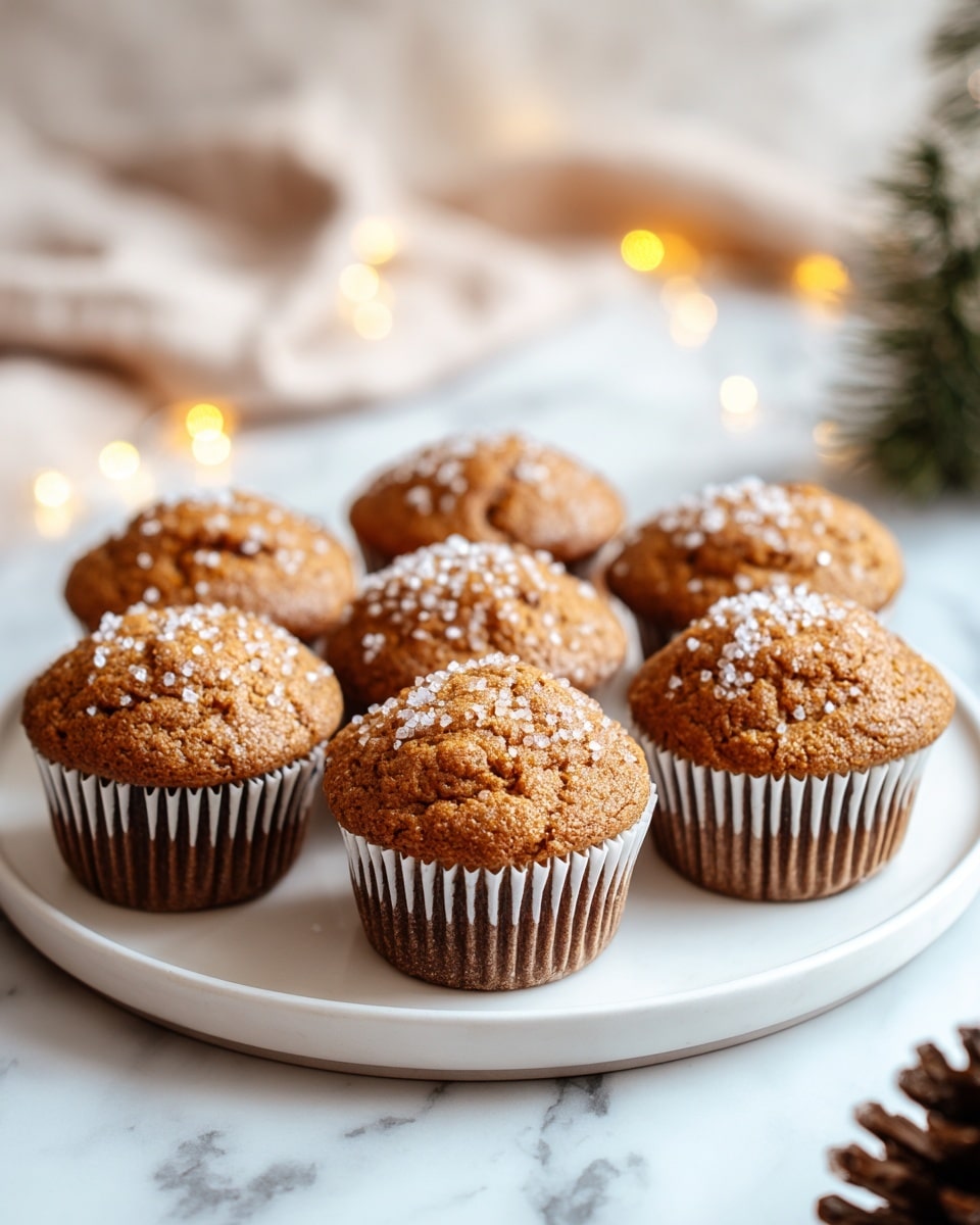 A round white plate holds seven brown muffins arranged in a circle with one muffin in the center. Each muffin has a textured, slightly cracked top sprinkled lightly with white sugar crystals. The muffin wrappers are silver and pleated, rising to cradle the golden-brown muffins. The plate is on a white marbled surface, with soft warm yellow lights and a beige cloth blurred in the background creating a cozy mood. A small pinecone is visible in the corner of the image. photo taken with an iphone --ar 4:5 --v 7