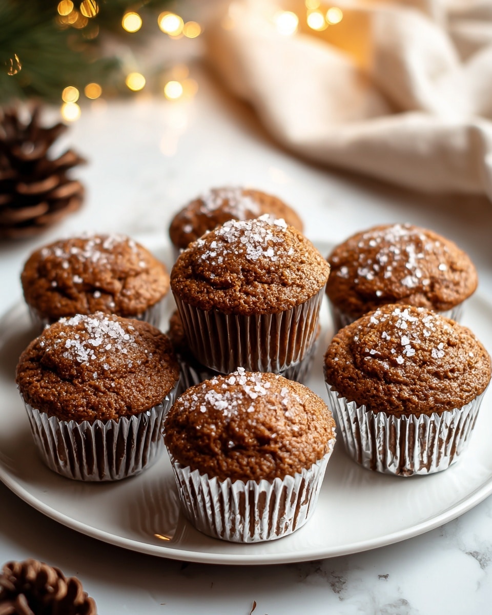 Seven brown muffins with a soft, slightly cracked top, each sprinkled lightly with white sugar crystals, sit closely together on a round white plate. Each muffin is in a white paper liner with dark brown vertical stripes. The plate rests on a white marbled surface. In the background, there is a soft, blurred beige cloth and small out-of-focus warm yellow lights, giving a cozy feeling. A small pine cone is partially visible on the right side of the image. photo taken with an iphone --ar 4:5 --v 7