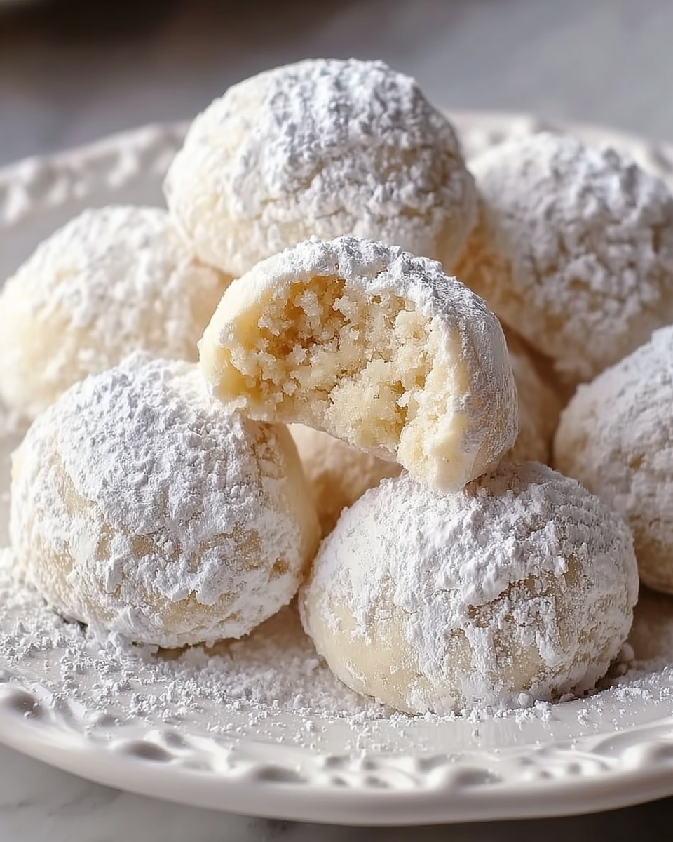 The image shows four round white dough balls covered in a light layer of white powdered sugar, resting on a white marbled surface dusted with more powdered sugar. The dough balls have a rough texture, and the one in the foreground has a bite taken out, revealing a soft, crumbly, off-white interior. The background is softly blurred, focusing attention on the close-up details of the dough balls and the scattered powdered sugar. photo taken with an iphone --ar 4:5 --v 7