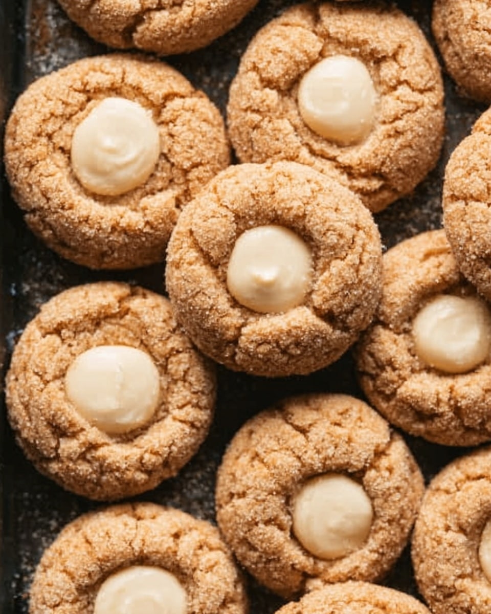 The image shows a close-up view of a baking tray filled with soft, light brown cookies that have a crumbly texture. Each cookie has a small circle of smooth, creamy white filling in the center. The cookies are packed closely together on the dark baking tray, and the edges of the cookies look slightly rough and cracked. The photo is taken from above, showing the uniform size and shape of the cookies. photo taken with an iphone --ar 4:5 --v 7