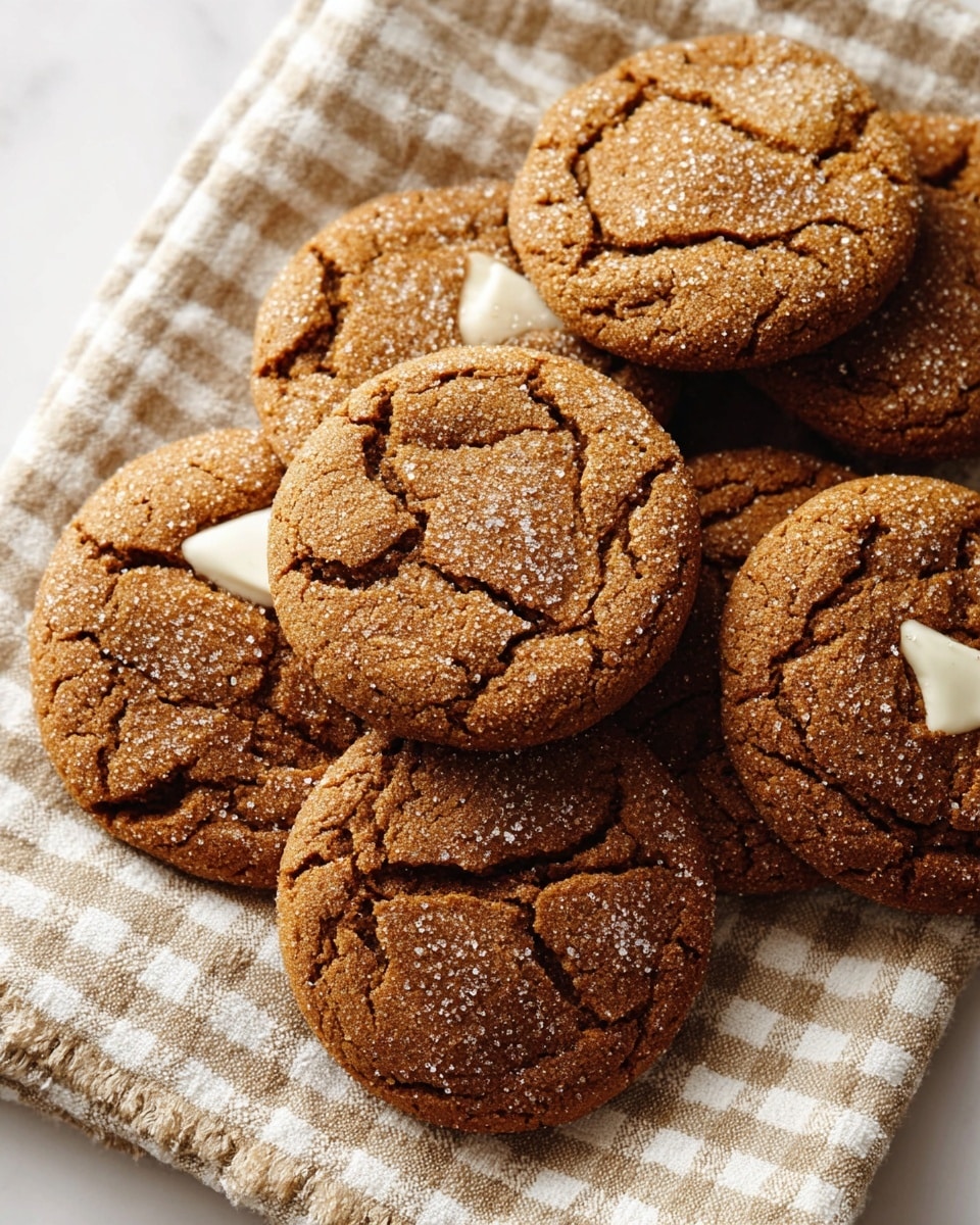A group of soft ginger cookies with cracked tops, each cookie showing a textured brown surface with sugar crystals sprinkled across, is arranged closely on a beige and white checked cloth. Some cookies have small patches of white butter melting on top, contrasting with the warm brown color. The cookies have slightly raised edges and look chewy with a homemade feel. The entire setup is placed on a white marbled surface in soft natural light. photo taken with an iphone --ar 4:5 --v 7