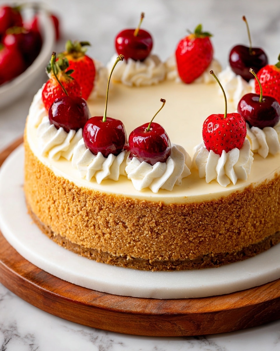 A cheesecake with a thick, crumbly golden-brown crust covering the sides and bottom, topped with a smooth, creamy off-white layer of filling. Around the edge of the cheesecake, there are evenly spaced swirls of white whipped cream, each topped with either a bright red strawberry or a deep red cherry with stems. The cheesecake is placed on a round white marble board that rests on a wooden base. The surface under the board shows a white marbled texture. photo taken with an iphone --ar 4:5 --v 7