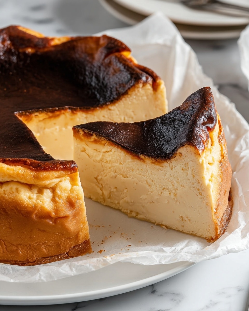 The image shows a slice of Basque burnt cheesecake with one thick layer. The cheesecake has a creamy, light beige interior with a smooth and dense texture. The top layer is dark brown to almost black, unevenly burnt with a slightly shiny surface. The crust edges are golden-brown and crinkled, wrapping the sides of the cheesecake. The slice is resting on a piece of parchment paper on a white plate, placed on a white marbled surface. Photo taken with an iphone --ar 4:5 --v 7
