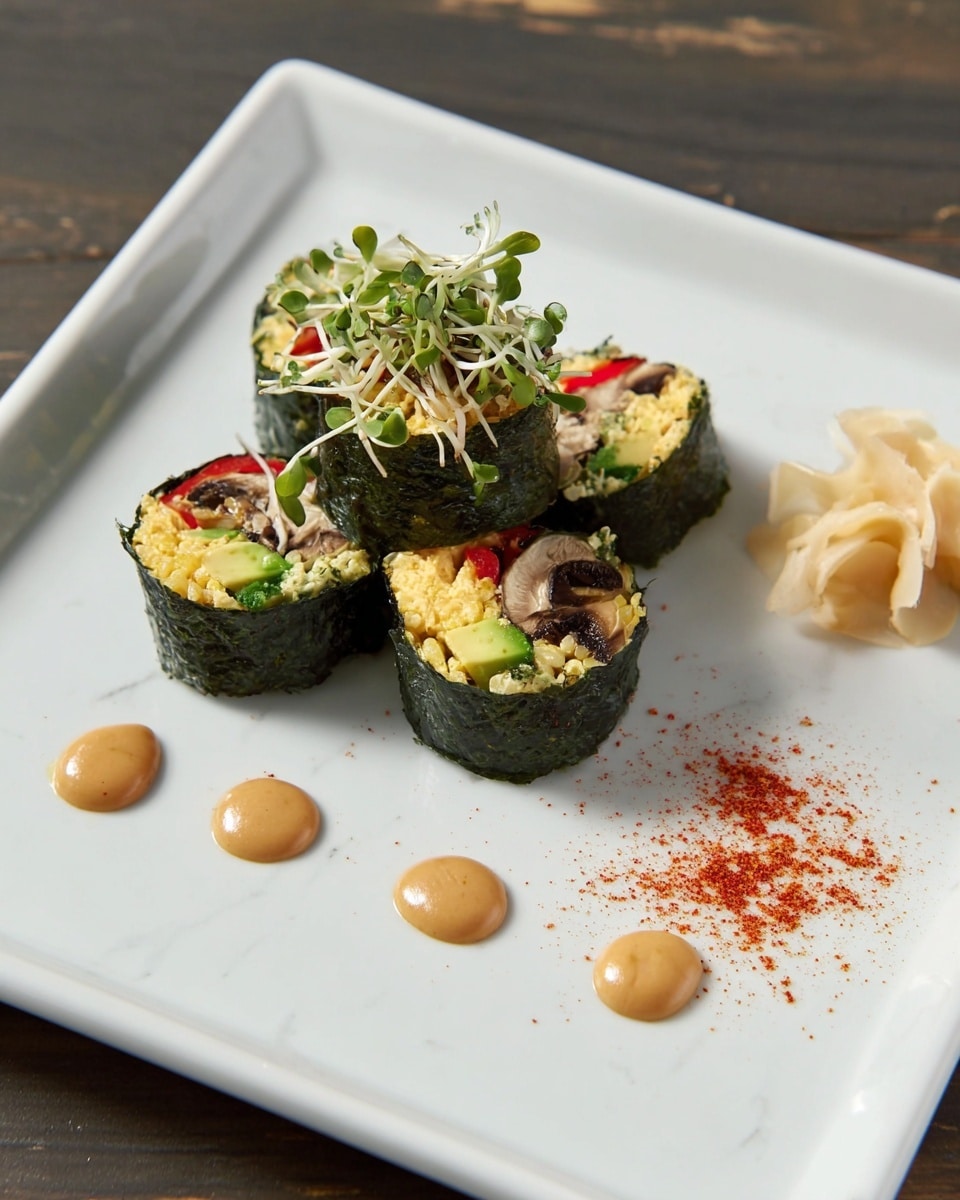 The image shows a white square plate with four sushi rolls arranged diagonally. Each roll has a dark green seaweed outer layer, and inside is a mix of yellow rice, pale avocado, red pepper strips, and brown mushroom slices. One roll stands upright with small green sprouts on top. Below the sushi, there are five small dollops of light brown sauce lined up evenly. On the right side of the plate, there's a small swirl of pale beige pickled ginger, and some orange-red powder is sprinkled nearby. The plate sits on a white marbled surface. Photo taken with an iphone --ar 4:5 --v 7
