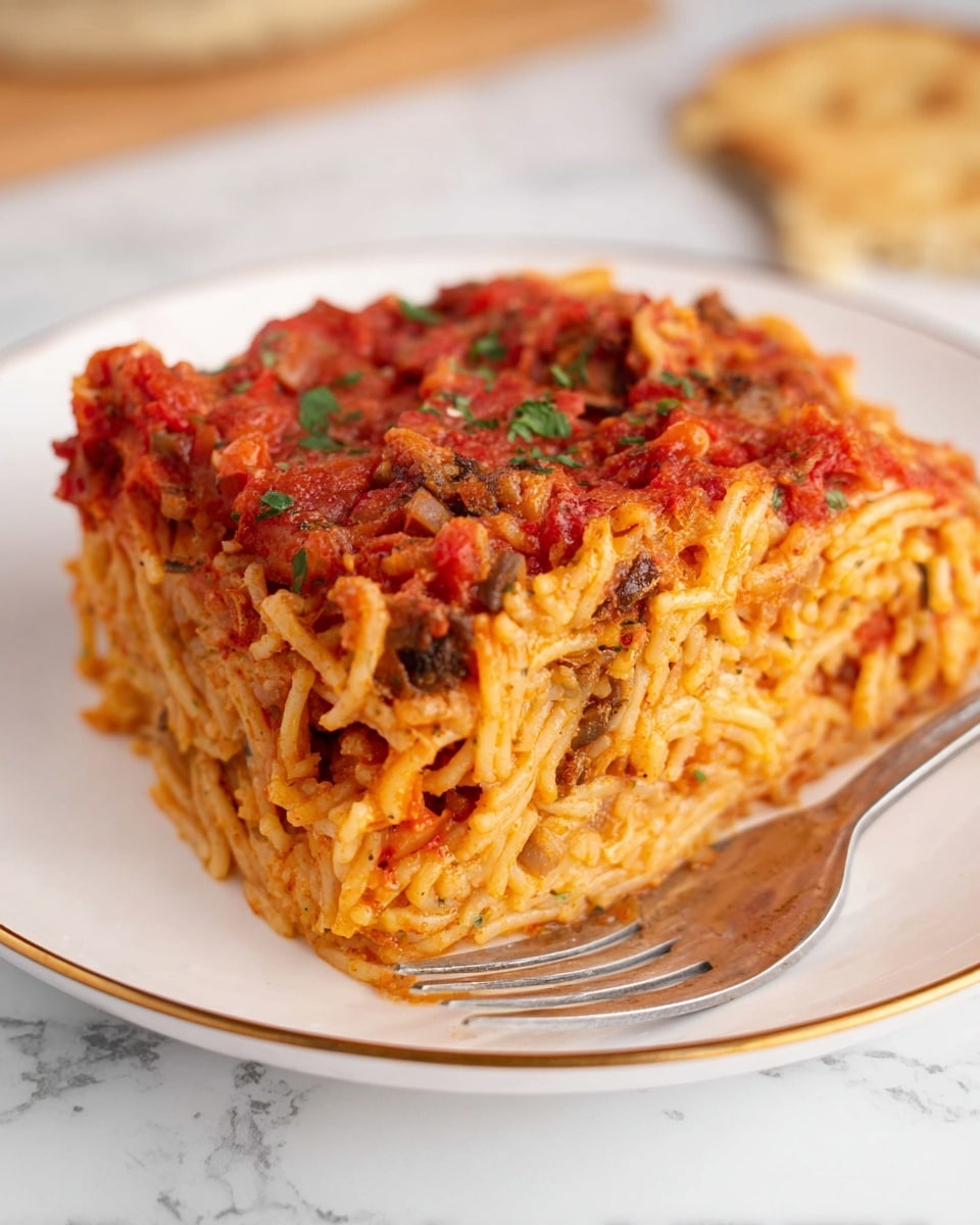 A thick single slice of baked spaghetti on a white plate with a thin gold rim, showing a dense bottom layer of soft, baked noodles mixed with a light orange cheese sauce. Above that is a middle layer of spaghetti noodles combined with darker pieces of vegetable or meat and bits of diced tomato. The top layer is covered in chunky red tomato sauce with visible herbs and bits of cooked filling. The texture of the baked spaghetti looks firm yet tender. A silver fork lies on the plate next to the slice, and a piece of flatbread is blurred in the background on a white marbled surface. Photo taken with an iphone --ar 4:5 --v 7