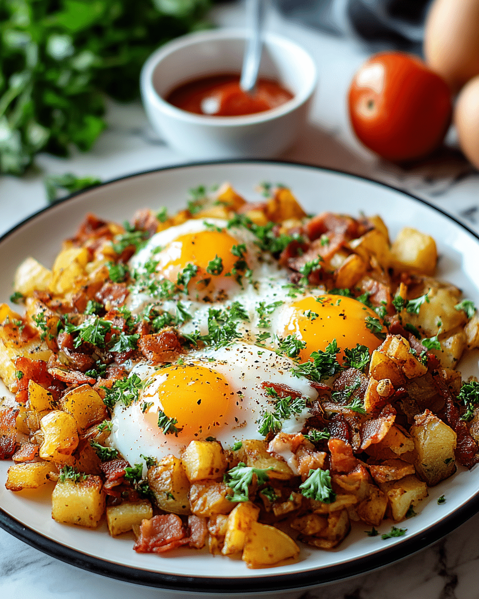 The dish is served on a white plate with a black rim, placed on a white marbled surface. It has a base layer of diced, golden-brown fried potatoes with a slightly crispy texture. Scattered on top are small pieces of browned bacon that add a reddish-pink color and a crispy look. There are three small fried eggs with bright yellow yolks and cooked white edges, evenly spread across the center and sides of the dish. Fresh chopped green parsley is sprinkled generously over the whole plate, adding a pop of green. The eggs have a light sprinkle of black pepper on top, adding small dark specks. A small white bowl with red sauce is blurred in the background, alongside some green leafy herbs and two whole brown tomatoes. photo taken with an iphone --ar 4:5 --v 7