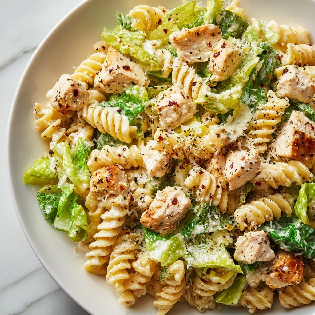 A close-up of a white plate filled with a creamy Chicken Caesar pasta salad. The dish has three main layers: golden spiral pasta with a slightly glossy texture, chunks of cooked chicken in light brown color scattered evenly, and green romaine lettuce leaves that add freshness. The salad is coated with a creamy, white Caesar dressing that glistens on the pasta and chicken, sprinkled with grated Parmesan cheese and a dash of black pepper and red chili flakes. The background is a white marbled surface. photo taken with an iphone --ar 4:5 --v 7