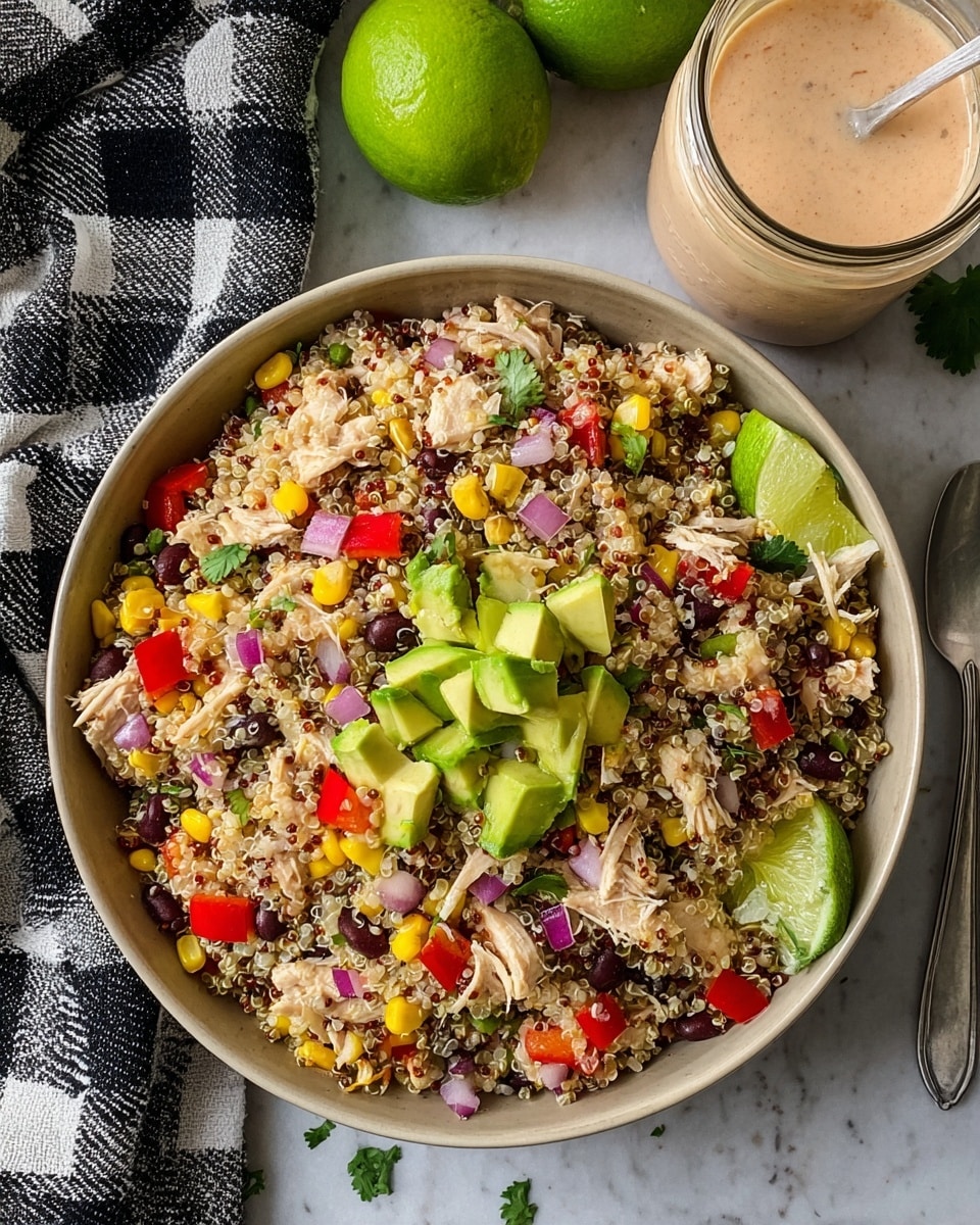 A beige bowl filled with a colorful quinoa salad, showing a mix of small beige quinoa grains scattered throughout, with layers of chopped red bell peppers, yellow corn kernels, small black beans, and pieces of shredded light brown chicken evenly distributed. Chopped red onions and green cilantro leaves are mixed in for extra color, and diced bright green avocado pieces are placed in a small pile in the center of the bowl. A fresh lime wedge rests on one side of the bowl’s edge. To the top right, a glass jar filled with a light brown creamy dressing with a spoon inside is visible, and a whole green lime is placed next to it. The bowl is set on a white marbled texture surface, with a black and white checkered cloth nearby. Photo taken with an iphone --ar 4:5 --v 7
