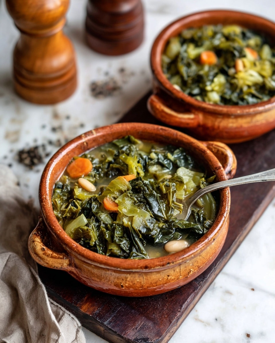 Two round earthenware pots filled with a cooked vegetable dish sit on a dark wooden board. Each pot has two small handles and is filled with soft wilted greens, light green celery-like pieces, small bright orange carrot slices, and beige beans. The textures are mixed with leafy wilted portions and tender chunkier vegetables in a broth. One pot is in the foreground with a metal spoon resting inside, while the second pot is slightly blurred in the background. The setting is against a white marbled surface with brown pepper and salt grinders in the background photo taken with an iphone --ar 4:5 --v 7