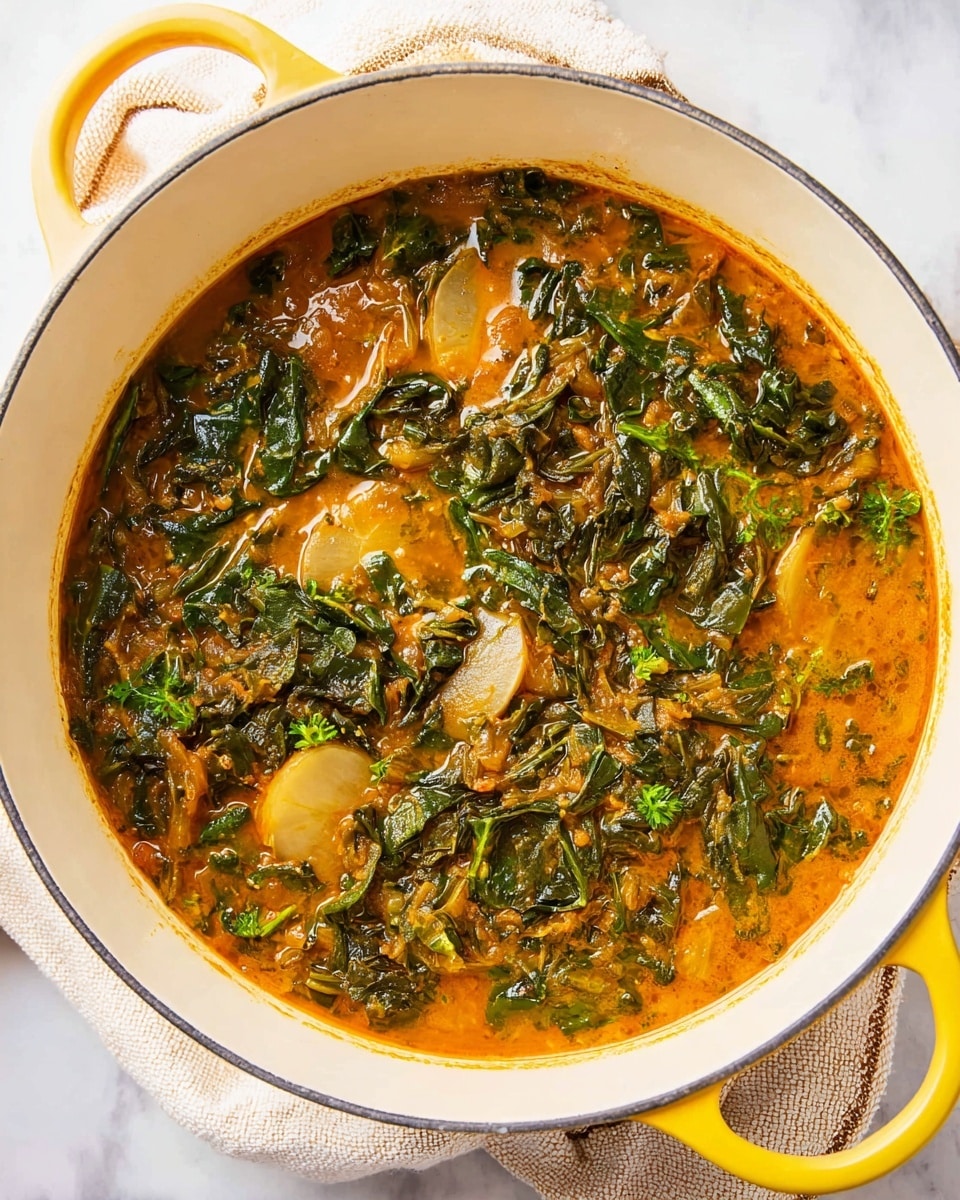 A large white cast iron pot with yellow handles filled with a thick soup showing one main layer of orange-brown broth mixed with many pieces of dark green leafy vegetables scattered throughout, and a few larger pale slices of what look like root vegetables floating on the surface; the texture is chunky with both soft leafy and solid bits visible, set on a white marbled texture surface with a cream colored cloth partially underneath. photo taken with an iphone --ar 4:5 --v 7