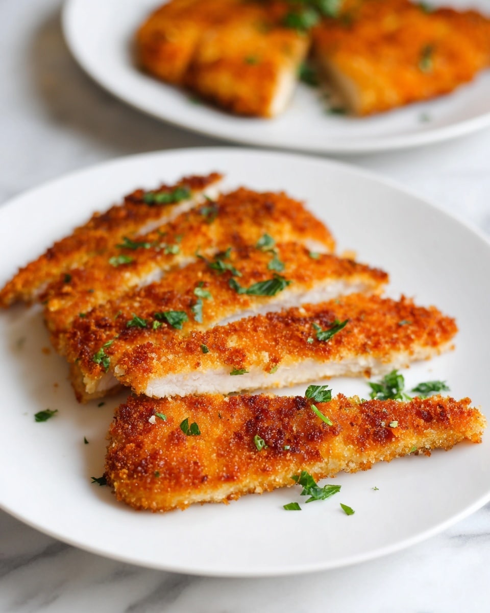 The image shows pieces of golden-brown breaded fried chicken cut into 5 slices, arranged in a somewhat fan shape on a white plate. The crunchy coating looks textured and crispy with a warm orange-brown color, and the inside chicken appears white and tender. Small bits of chopped green parsley are sprinkled on top, adding freshness and color contrast. In the blurred background, another white plate with two larger pieces of the same fried chicken is visible on a white marbled surface. photo taken with an iphone --ar 4:5 --v 7