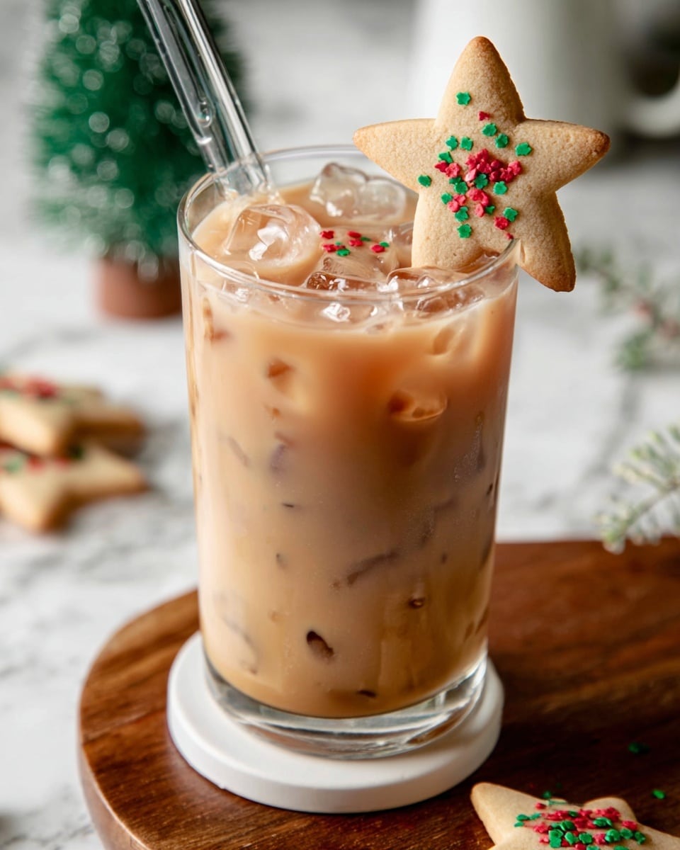 A tall clear glass filled with a light brown iced drink with visible ice cubes floating on top, layered with a slightly darker brown shade at the bottom. The drink is garnished with small red and green round sprinkles scattered on the surface. A light beige star-shaped cookie decorated with the same red and green sprinkles rests on the rim of the glass. The glass sits on a white coaster, placed on a wooden board, all set on a white marbled texture. A clear glass straw is angled in the glass. In the background, a small green decorative tree and another star-shaped cookie are softly out of focus. photo taken with an iphone --ar 4:5 --v 7