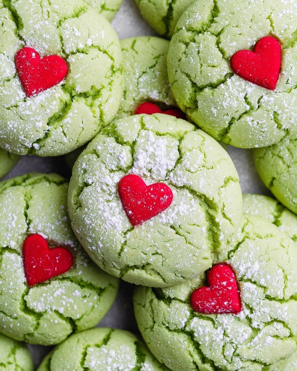 The image shows a close-up of several round, pale green cookies with a cracked surface texture that reveals a slightly darker green inside. Each cookie has a dusting of white powdered sugar on top, creating a light, powdery contrast. Small, bright red heart-shaped decorations sit at the center of each cookie, adding a pop of color against the green. The cookies are stacked touching each other, filling the whole frame, showing the details of the cracks and sugar dusting clearly. The background is a white marbled texture. photo taken with an iphone --ar 4:5 --v 7
