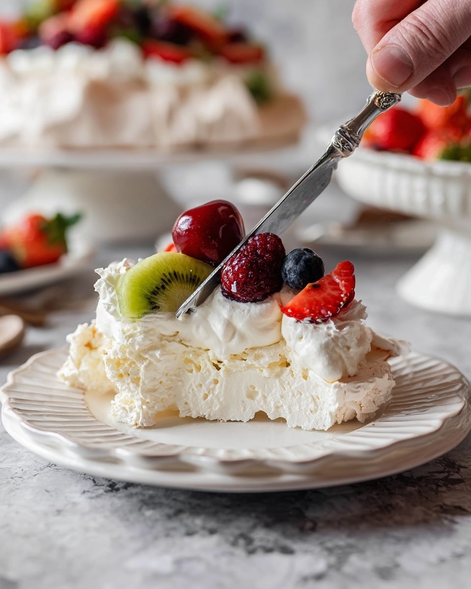 A round pavlova dessert with a thick white meringue base showing smooth ridges on the sides, topped with a generous layer of creamy white whipped cream that looks soft and fluffy, covered with a colorful mix of fresh fruits including halved bright red strawberries, whole red cherries, round blue blueberries, vibrant green kiwi chunks, and red raspberries scattered on top. The pavlova is placed on a white plate set on a round wooden board. Around the pavlova on a white marbled surface are a silver cake knife, a knife with a black handle, a few scattered raspberries, a small stack of white plates with scalloped edges, and a small white bowl filled with more sliced and whole fresh fruits, along with two forks. photo taken with an iphone --ar 4:5 --v 7