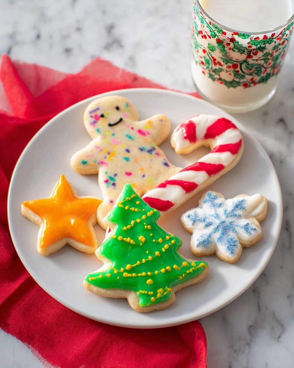 The image shows five decorated cookies on a white plate set on a white marbled surface. The largest cookie in the form of a Christmas tree is covered with green icing, decorated with small yellow dots and red diagonal stripes. To the right is a candy cane-shaped cookie with smooth white icing and thick red stripes wrapping around it. There is a plain star-shaped cookie sprinkled with colorful confetti-like specks, and next to it is a star-shaped cookie fully covered in shiny yellow icing. Below the tree is a snowflake-shaped cookie with a white base and a blue snowflake pattern in the center. All cookies have a light, slightly speckled dough layer visible on the edges. photo taken with an iphone --ar 4:5 --v 7