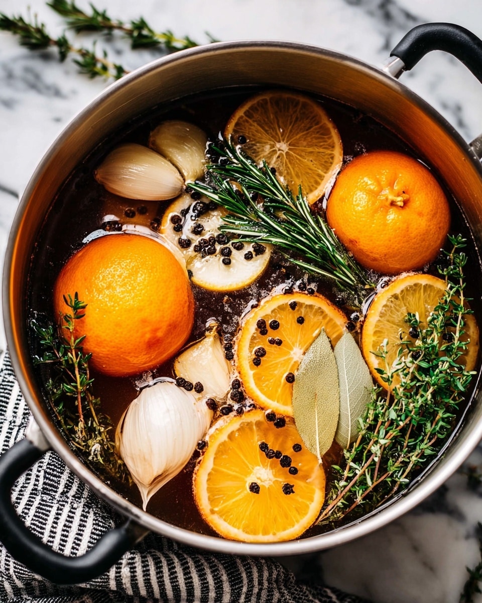 A close-up view of a metal pot filled with a dark liquid broth containing several whole and sliced ingredients: bright orange whole tangerines and tangerine slices with black and white peppercorns on top; pale yellow lemon slices; whole and halved garlic bulbs with creamy white cloves; fresh green sprigs of rosemary, thyme, and sage. The pot has black handles and sits on a white marbled surface with a black and white striped cloth partially visible underneath. The scene is bright and crisp, showing the textures of the citrus peels, herbs, and garlic clearly. photo taken with an iphone --ar 4:5 --v 7