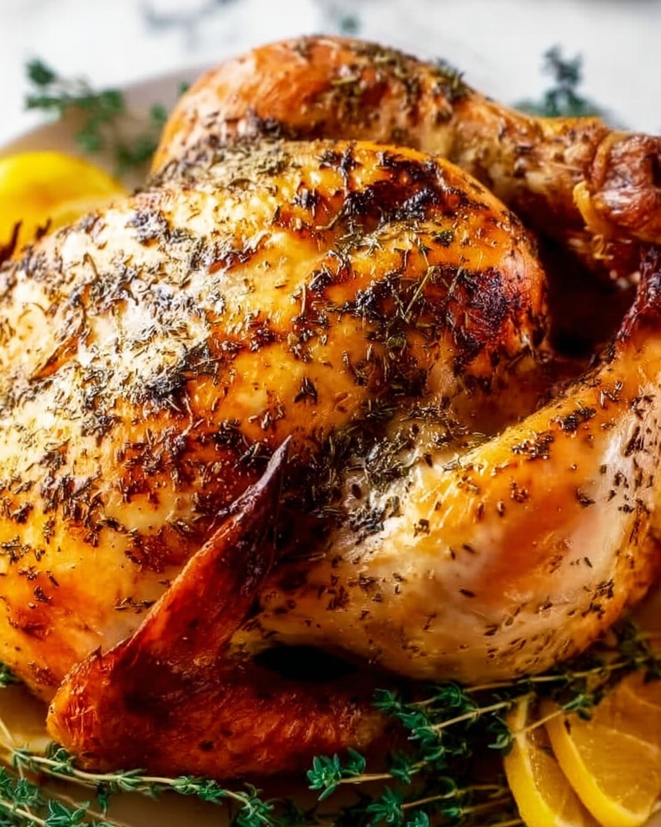 A close-up view of a whole roasted chicken with golden-brown skin sprinkled with dried herbs. The chicken skin shows crispy texture with some darker roasted areas, especially on the wing and breast. Around the chicken are green sprigs of fresh thyme and slices of bright yellow lemon, adding color contrast. The chicken is placed on a white plate, which is set on a white marbled surface. Photo taken with an iphone --ar 4:5 --v 7