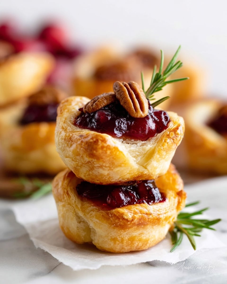 The image shows three small puff pastry cups stacked on top of each other on a piece of white paper on a white marbled surface. Each puff pastry cup has a golden brown, flaky outer layer that is thick and crispy. Inside, there is a second layer of dark red, glossy cranberry sauce with a slightly chunky texture. On top of the cranberry sauce, there are a few pieces of light brown pecans and a small sprig of green rosemary for garnish. In the background, more pastry cups are visible but out of focus, with a soft white and red blurred backdrop. photo taken with an iphone --ar 4:5 --v 7