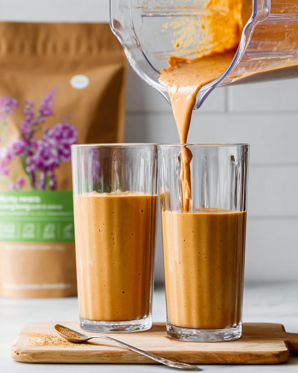 A tall clear glass on the right is being filled with a thick, smooth light brown-orange smoothie from a clear blender jug held above it, while a second tall clear glass already filled with the same smoothie stands to the left. The smoothie has a creamy texture with a consistent color and small specks. Both glasses are placed on a light wooden board, beside a small metal spoon with some powder on it. In the back, a brown bag with green text and purple flowers is blurred out, all set on a white marbled texture surface. photo taken with an iphone --ar 4:5 --v 7