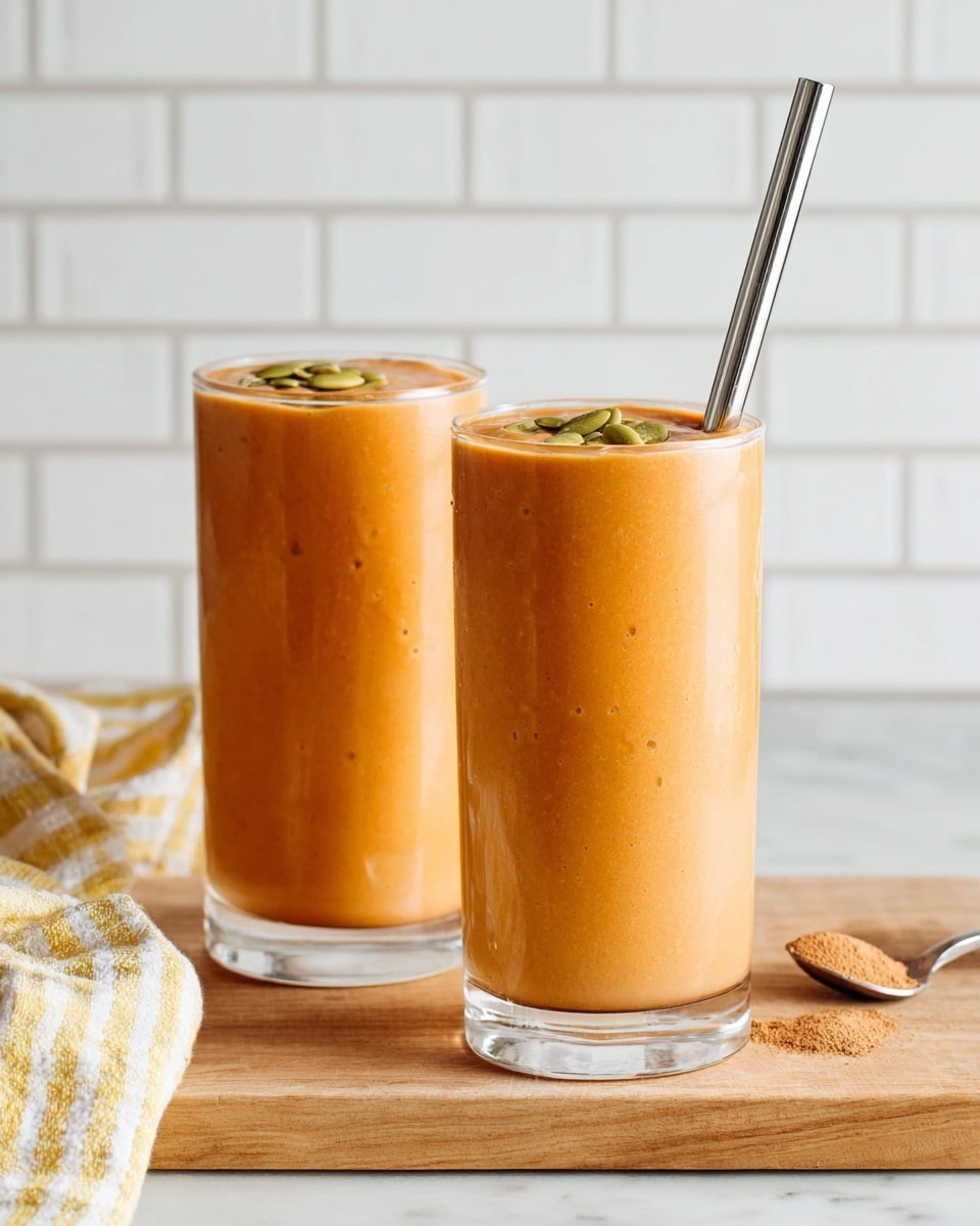 Two tall clear glasses filled with a smooth, thick orange smoothie. Each glass is topped with a few green pumpkin seeds as garnish. One glass has a shiny silver metal straw inside, while the other glass is plain. They sit on a light wooden board placed on a white marbled textured surface. A small silver spoon with some brown powder is next to the glasses on the board. A yellow and white striped cloth is partially visible on the left side. The background shows a soft white brick wall. photo taken with an iphone --ar 4:5 --v 7