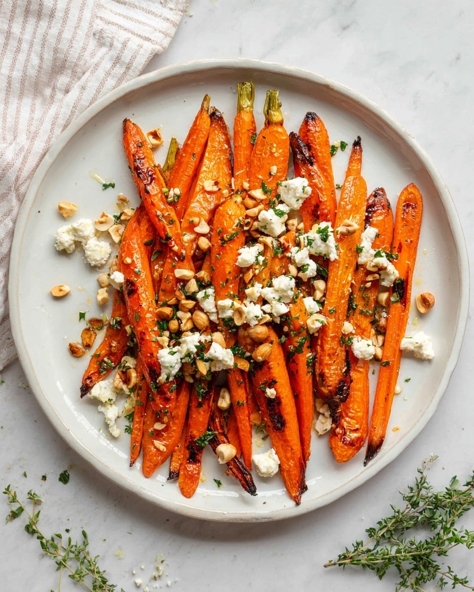 The dish shows a white plate filled with bright orange roasted carrot sticks laid closely side by side. On top, there are scattered chunks of soft, crumbly white cheese and a generous sprinkle of small, round, light brown nuts. Fresh green chopped herbs are spread evenly over the carrots and cheese, adding a fresh contrast. The carrots appear glossy as if lightly coated with oil, and black pepper flakes are visible, adding texture. The plate is set on a white marbled surface with a few green herb pieces around it. Photo taken with an iphone --ar 4:5 --v 7