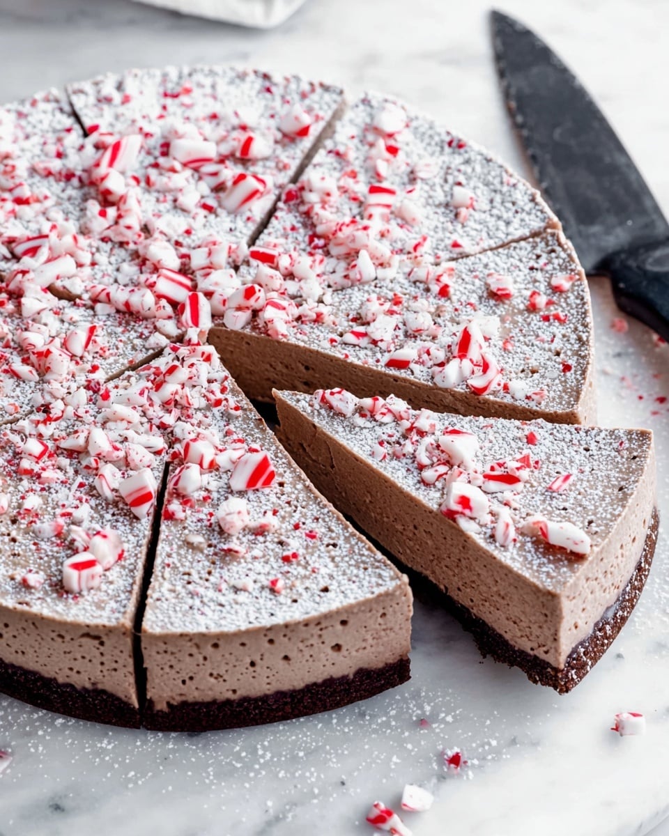 The image shows a round dessert cut into eight slices on a white marbled surface. The dessert has three visible layers: the bottom is a dark chocolate crust, the middle is a thick light brown mousse with small bubbles, and the top is dusted with white powdered sugar. Red and white peppermint candy pieces are scattered over the top layer, adding a bright contrast and texture. A large knife with a black handle is placed to the right side near the dessert. Photo taken with an iphone --ar 4:5 --v 7