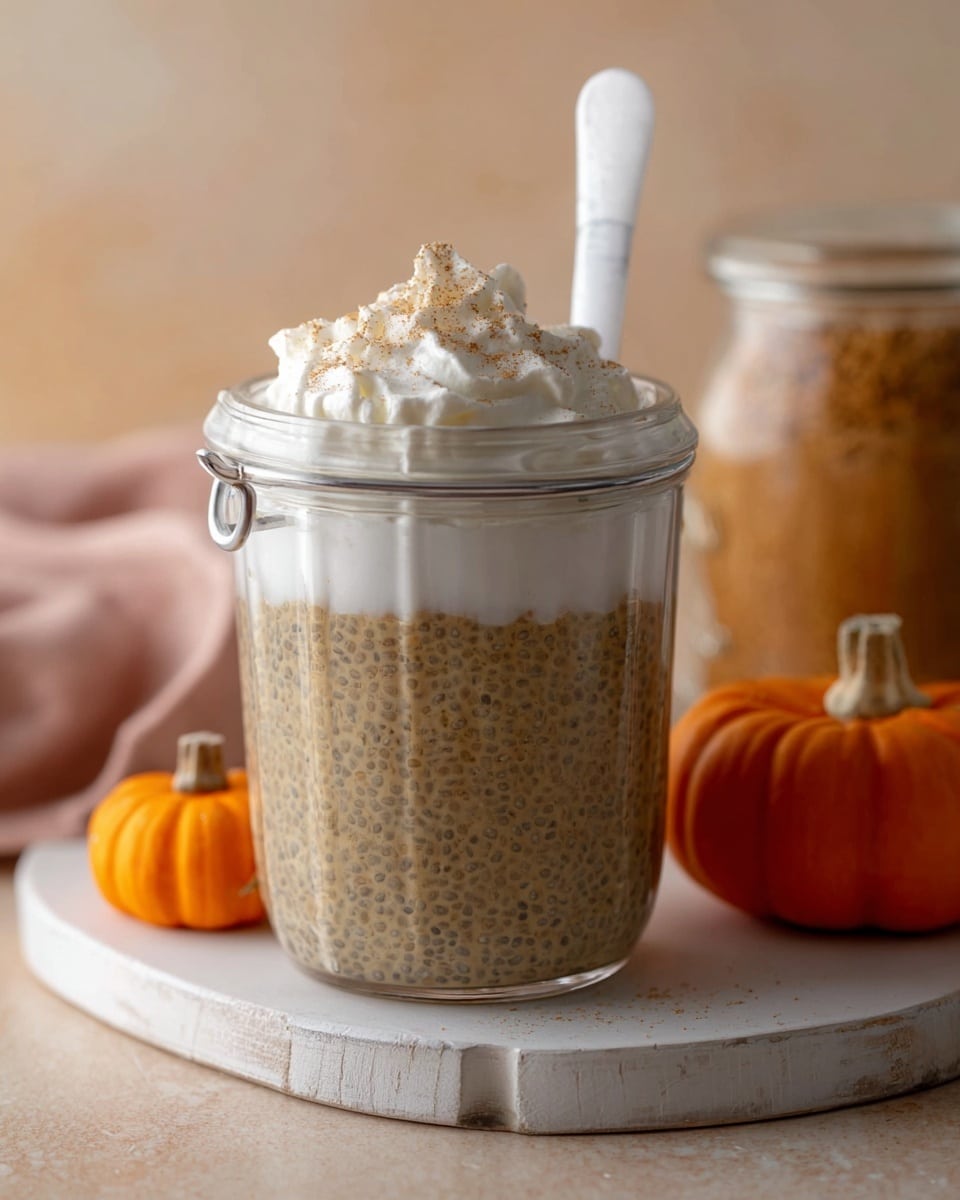 The image shows a glass jar filled with three layers: the bottom layer is a thick, light brown chia pudding with visible small black chia seeds, the middle layer is a thin layer of whipped cream with a soft, fluffy white texture and some light brown powder sprinkled on top, and the jar is topped with another small amount of whipped cream. The jar is placed on a white, worn wooden board, and there are small orange pumpkins nearby. A silver spoon is held upright against the jar by a white plastic clip on its side. The background has a soft, warm beige tone with a blurred jar containing brown sugar. Photo taken with an iphone --ar 4:5 --v 7