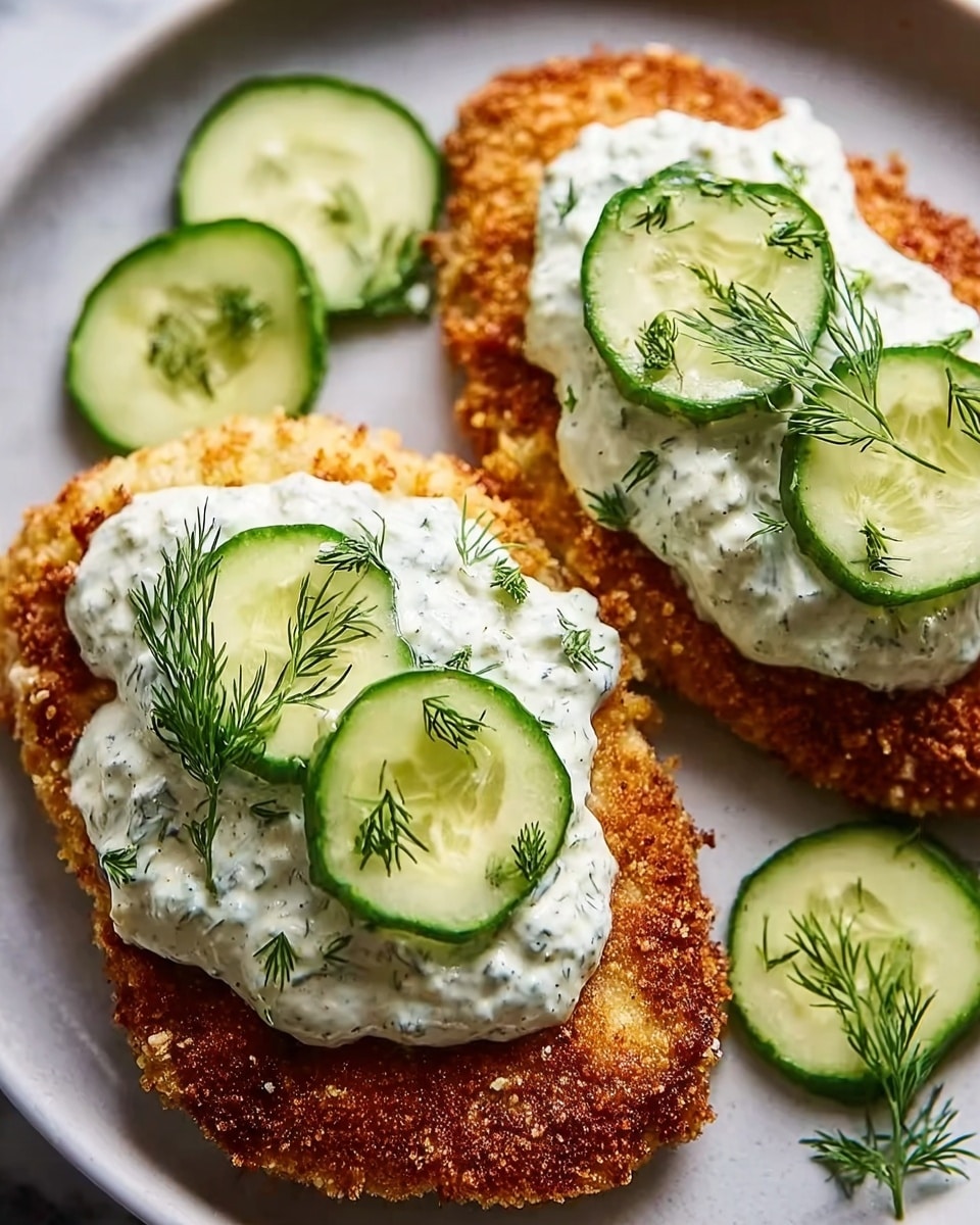 The image shows two crispy, golden-brown fried patties on a white plate resting on a white marbled surface. Each patty has a thick layer of creamy white sauce with visible green herbs on top. Thin slices of fresh cucumber and small sprigs of dill are neatly arranged on the sauce, adding a fresh green contrast to the golden crispy base. Additional slices of cucumber are scattered loosely around the plate, enhancing the fresh look of the dish. The textures are crunchy on the outside, smooth and creamy on the sauce, with fresh, crisp cucumber slices. photo taken with an iphone --ar 4:5 --v 7