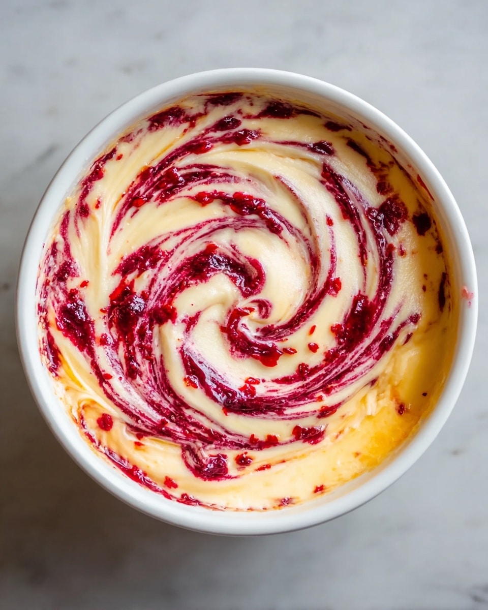 A white bowl filled with a creamy swirl of pale yellow and deep red layers, where the pale yellow base is smoothly mixed with vibrant red fruit sauce creating a spiral effect from the center outward, with some parts showing small bits of the red fruit and a glossy texture that looks fresh and rich, all placed on a white marbled surface photo taken with an iphone --ar 4:5 --v 7