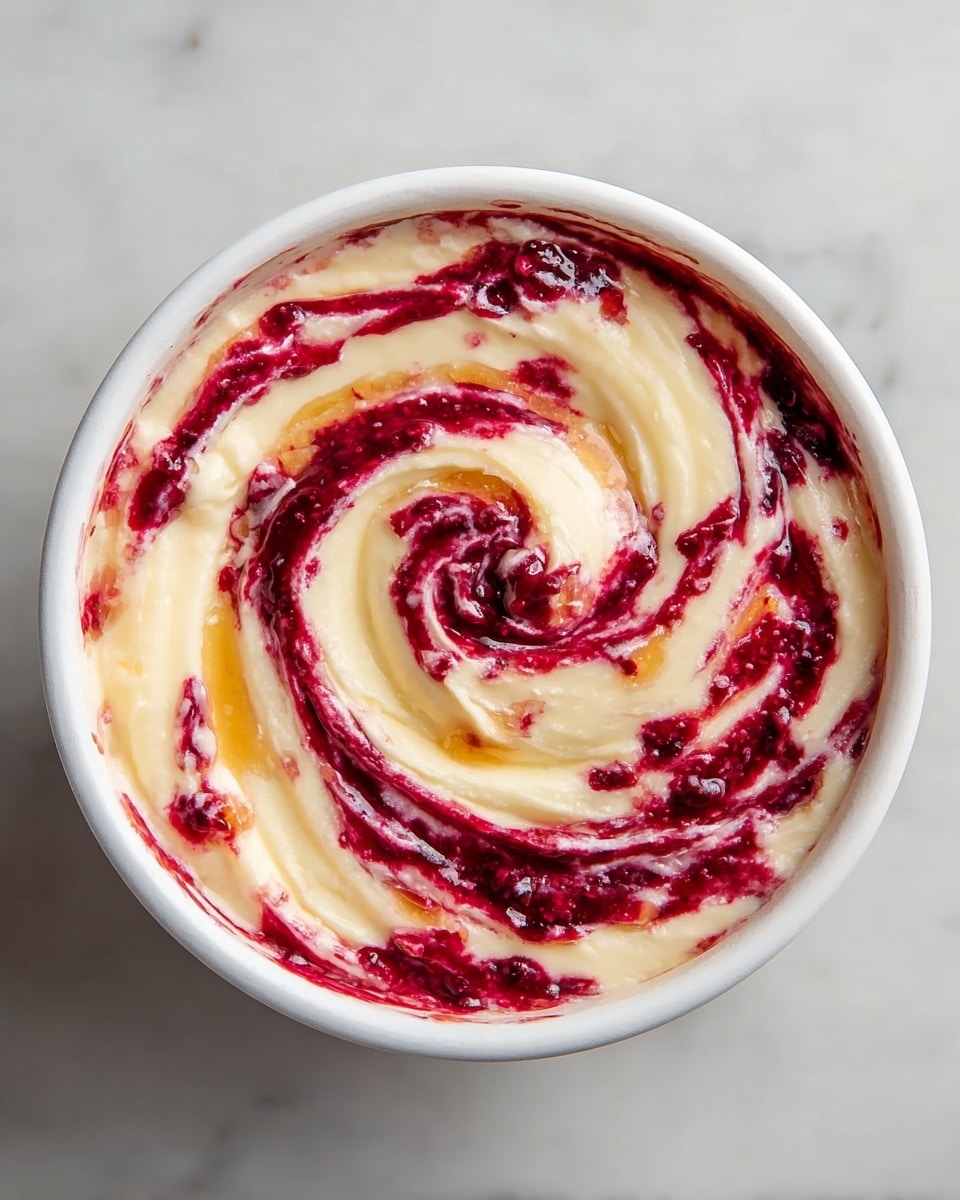 A white bowl filled with a creamy, swirled mixture that has two main layers: the smooth, thick pale yellow cream and a bright red berry sauce twisted together in a spiral pattern starting from the center and spreading outward. The berry sauce has small bits of fruit, adding texture and a shiny, juicy look, while the cream looks soft and rich with a few drops of golden honey mixed in. The bowl is placed on a white marbled surface. photo taken with an iphone --ar 4:5 --v 7