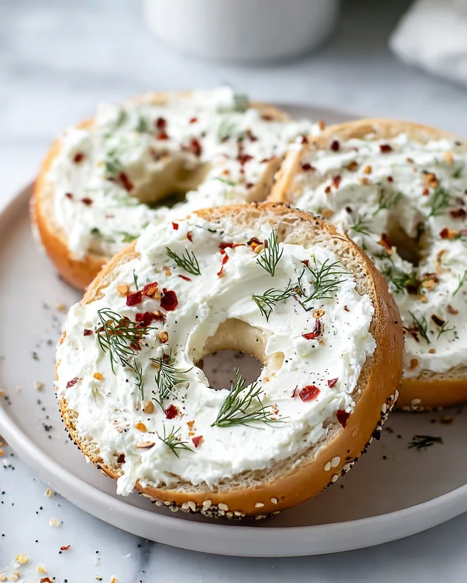 A close-up view of three white bagel halves on a white plate, each bagel spread with a thick, creamy layer of white cream cheese topped with small green dill leaves and scattered red pepper flakes, showing the soft texture of the cream cheese and the light, slightly toasted golden brown outside of the bagels with visible poppy and sesame seeds. The bagels rest on a white marbled surface with soft natural light enhancing their fresh look and small crumbs around the edges. Photo taken with an iphone --ar 4:5 --v 7