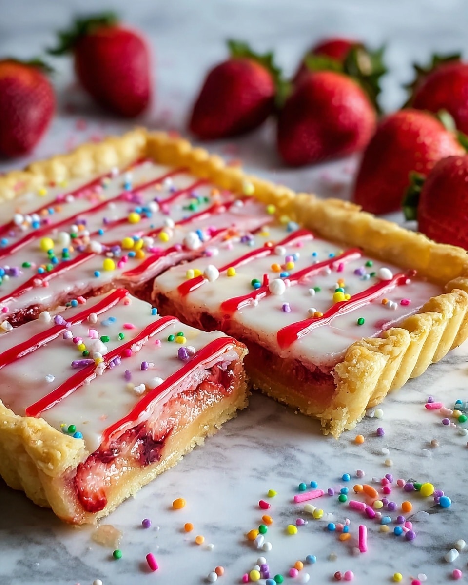 A square pastry is divided into six equal slices on a baking tray, showing three main layers: a golden-brown flaky crust forming a thick border around the edges; a bright red strawberry jam layer underneath; and a smooth white icing layer spread on top, decorated with small round colorful sprinkles scattered evenly across all slices. The tray rests on a white marbled surface with fresh strawberries placed around it, and a knife with a brown wooden handle lies on the right side. photo taken with an iphone --ar 4:5 --v 7