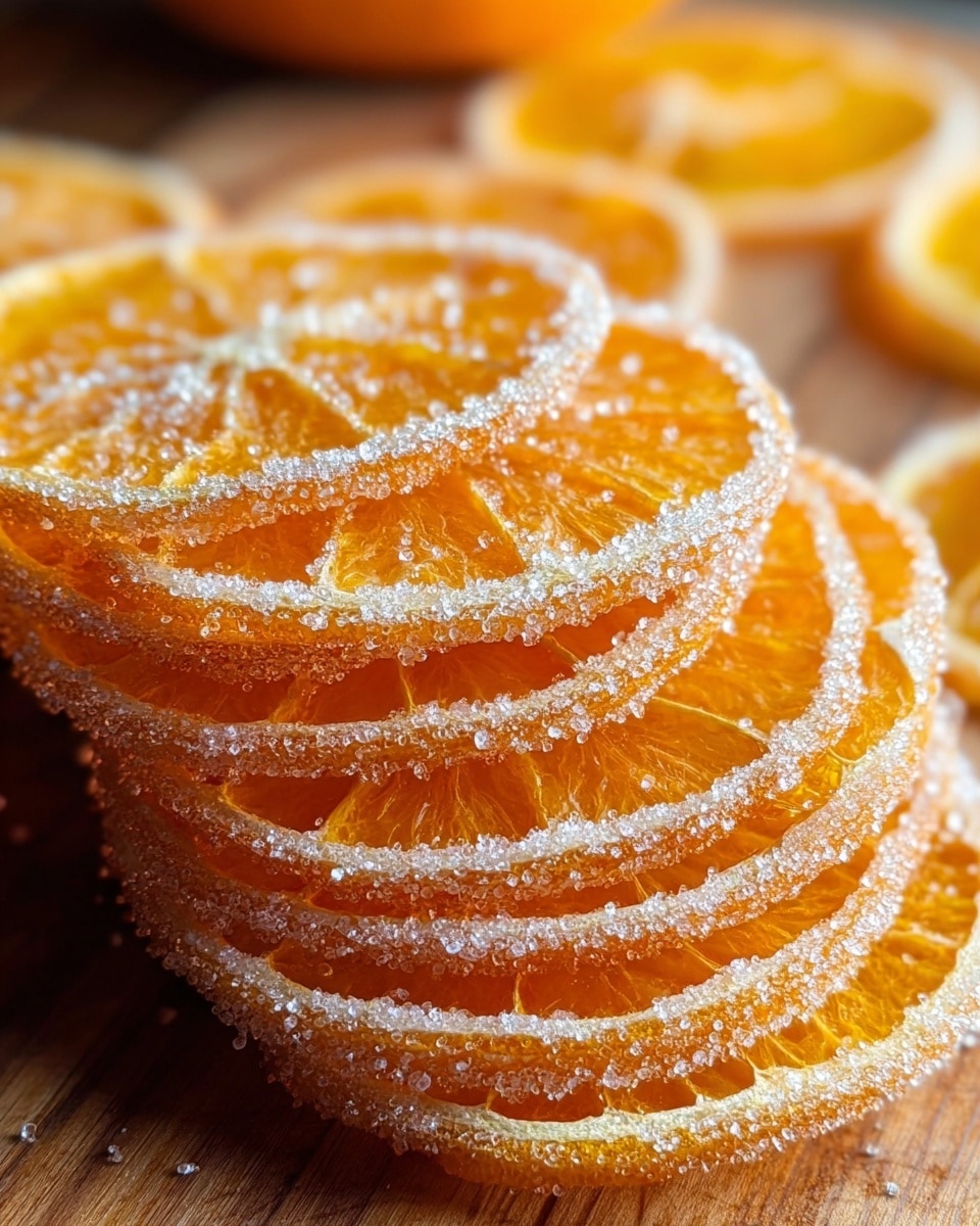A close-up view of a stack of eight thin orange slices coated with a sparkling layer of sugar crystals around their edges. The slices show a bright orange color with a translucent texture, allowing the fruit's segments to be visible. The stack lies on a wooden surface with the orange slices leaning slightly to the right, highlighting their round shape and the glistening sugar decorations. Photo taken with an iphone --ar 4:5 --v 7