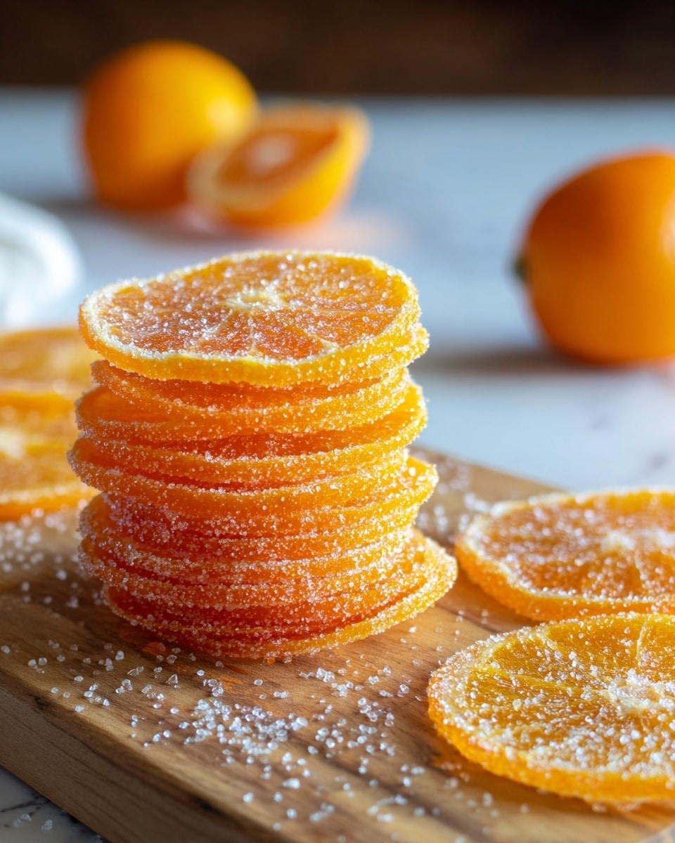 A stack of about eight thin, translucent orange slices coated in granulated sugar sits in the center of a wooden cutting board. The orange slices have a bright orange and slightly shiny texture with visible pulp and white sugar crystals sparkling on their surfaces. Around the stack, loose sugar granules are scattered on the board, with one single orange slice lying flat on the right side. In the blurred background, there are half and whole oranges resting softly, all on a white marbled surface. The light softens the image, creating a fresh, inviting look. photo taken with an iphone --ar 4:5 --v 7