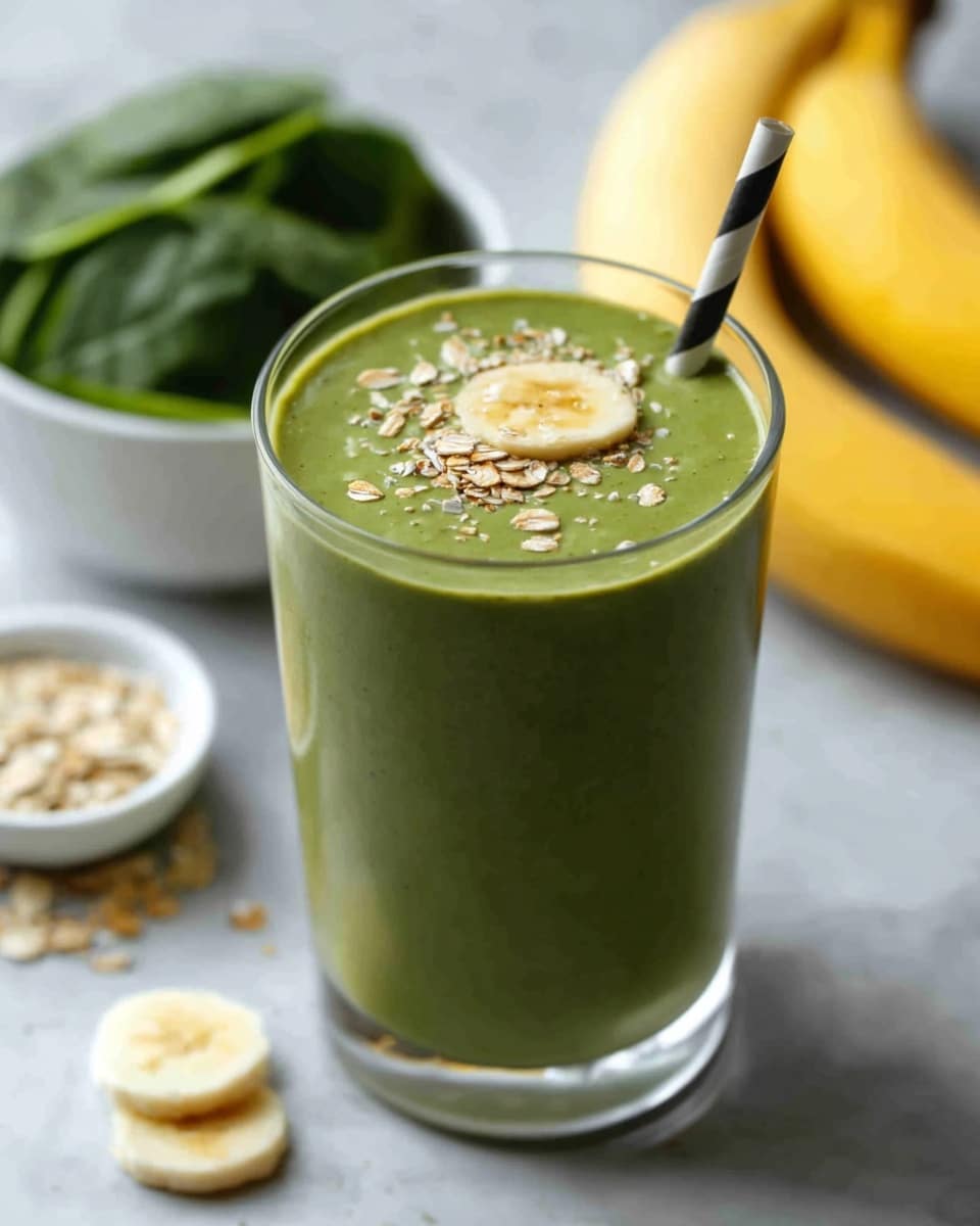 A clear glass filled with a thick green smoothie topped with a single round banana slice and sprinkled with oats, placed on a white marbled surface. Behind the glass, there is a bunch of spinach leaves in a white bowl and a whole peeled banana, along with a few banana slices lying flat. A black and white striped paper straw is inserted into the smoothie. Photo taken with an iphone --ar 4:5 --v 7
