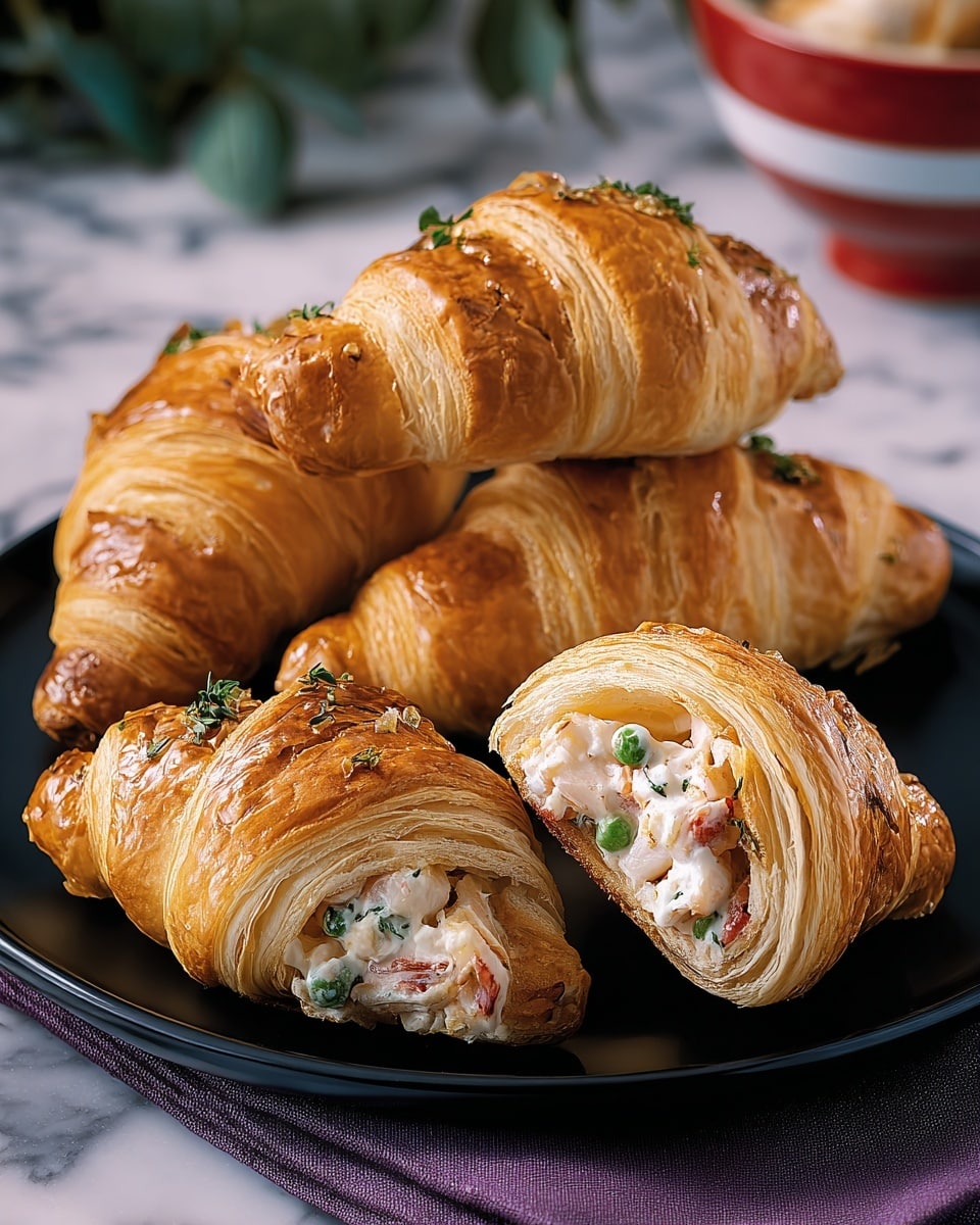Four golden brown croissants with shiny, crispy layers are placed on a black plate set on a white marbled surface with a purple cloth underneath. Two whole croissants sit behind while two cut-open croissants rest in front, showing a filling with white chunks of seafood mixed with green peas and small bits of red tomato. Some herbs sprinkled on top add a touch of green to the croissants’ shiny surface. A blurred background shows a red and white bowl and some green leaves. Photo taken with an iphone --ar 4:5 --v 7