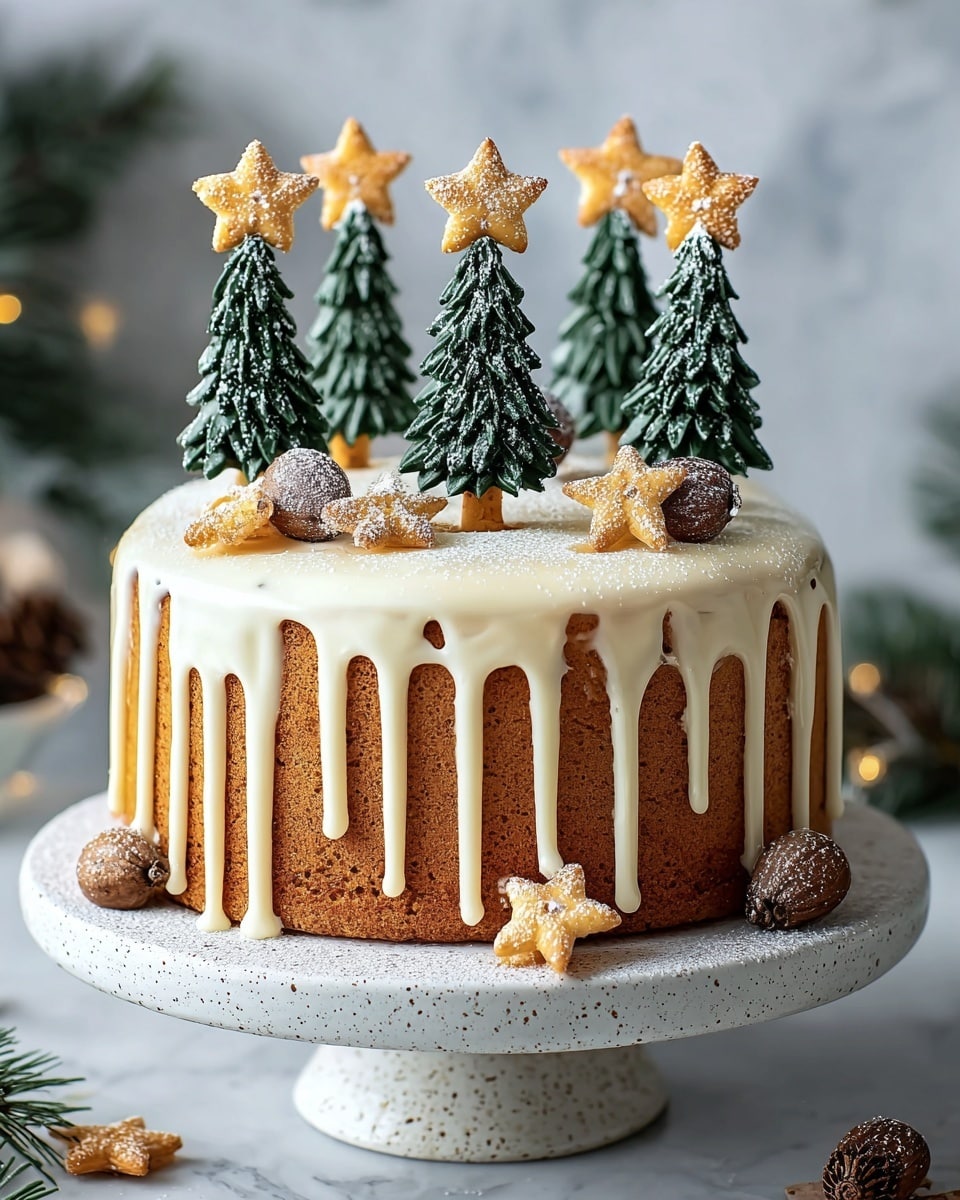 A round, two-layer light brown cake sits on a white speckled cake stand against a white marbled background. The cake is topped with smooth white icing that drips evenly down the sides in long, thick streams. On top of the cake are six small dark green pine tree shapes with textured leaves, each crowned with a golden star cookie. Among the trees are a few small brown pinecones and three golden star-shaped cookies scattered on the white icing. The cake and decorations are dusted lightly with powdered sugar, giving a snowy effect. photo taken with an iphone --ar 4:5 --v 7