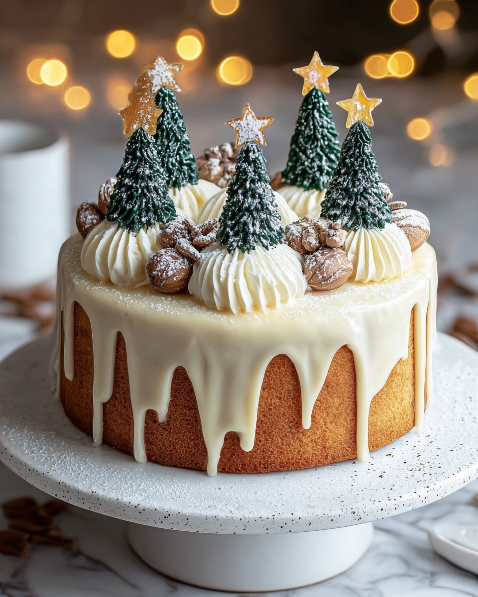 A round cake with a light golden brown base is covered by a thick layer of creamy white icing that drips down the sides unevenly. The top of the cake has six small, dark green Christmas tree-shaped decorations dusted lightly with white powder to look like snow, each topped with a golden star. Between the trees, there are six swirls of white whipped cream and small brown pinecones dusted with powdered sugar, adding a festive touch. The cake sits on a white cake stand with a subtle speckled design near the edge, placed on a white marbled surface with some scattered white powder around. The background is softly blurred with warm yellow light orbs creating a cozy holiday feel. photo taken with an iphone --ar 4:5 --v 7