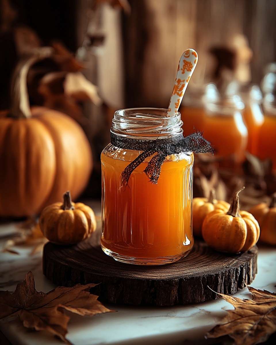 A clear glass jar filled with a bright orange liquid, topped with a white spoon featuring orange patterns, and tied around the neck with a black ribbon. The jar is placed on a dark wooden round board surrounded by small orange pumpkins and dry brown leaves, set on a white marbled surface, with a soft focused warm wooden background. photo taken with an iphone --ar 4:5 --v 7