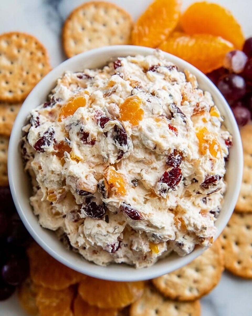 A white bowl filled with a creamy mixture that has visible chunks of orange dried fruit and dark red dried berries, creating a colorful contrast within the white soft base. The texture looks fluffy and slightly chunky with bits spread evenly throughout. Surrounding the bowl on a white marbled surface are round crackers and pieces of dried orange fruit, adding to the scene with warm tones of beige and orange around the bowl. photo taken with an iphone --ar 4:5 --v 7