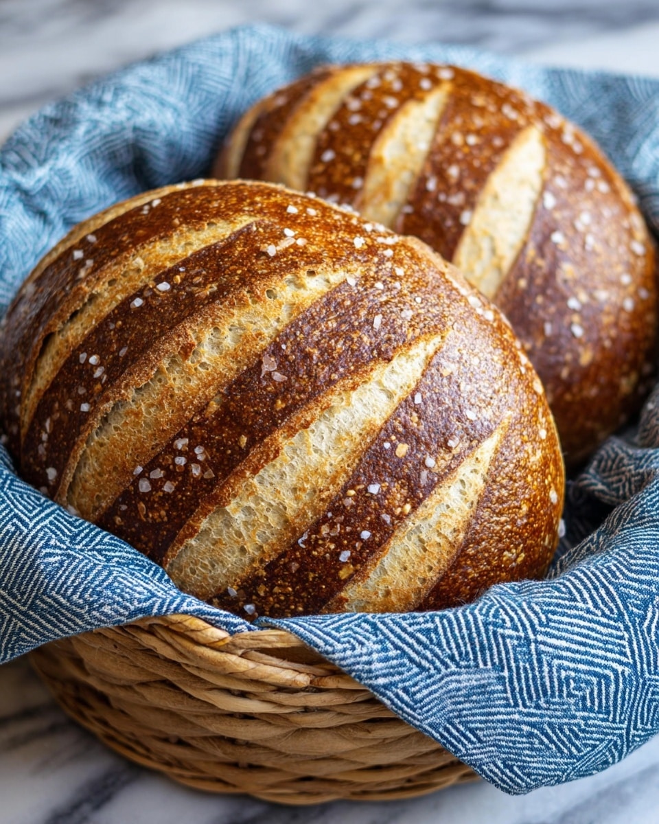 Two large round loaves of bread sit in a woven basket lined with a blue patterned cloth. Each loaf has a rich, dark brown crust with thick diagonal slashes revealing soft, light beige bread inside. The crust is sprinkled with coarse salt, giving a rough, grainy texture on top. The basket rests on a white marbled surface. Photo taken with an iphone --ar 4:5 --v 7