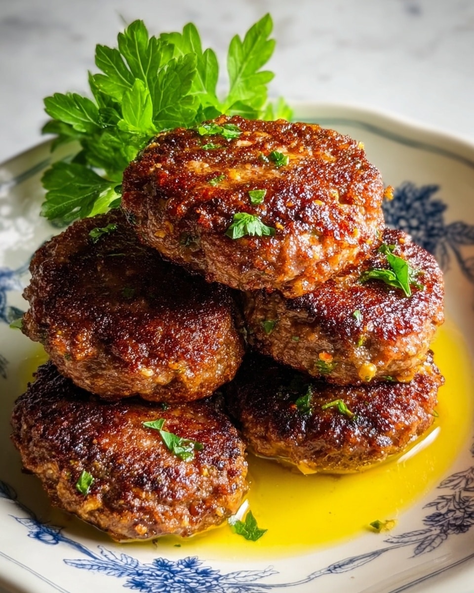 The image shows five browned meat patties stacked closely together on a white plate with blue floral designs around the edges. The patties have a crispy, textured surface with small bits of green herbs sprinkled on top. A small bunch of fresh green parsley is placed behind the patties for garnish. The plate is set against a white marbled background, and there is a slight yellow oil sheen around the patties. photo taken with an iphone --ar 4:5 --v 7