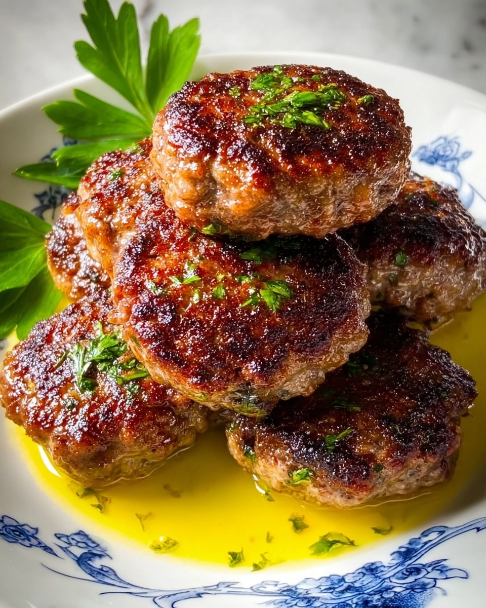 The image shows five browned, round meat patties stacked closely on a white plate with blue floral designs near the edges. Each patty has a crispy, dark brown crust with a textured, juicy surface and is sprinkled with small pieces of fresh green herbs. Bright yellow oil pools slightly around the patties, adding a shiny look. A few green parsley leaves rest on the top left side of the plate, adding color contrast. The background surface has a white marbled texture. photo taken with an iphone --ar 4:5 --v 7