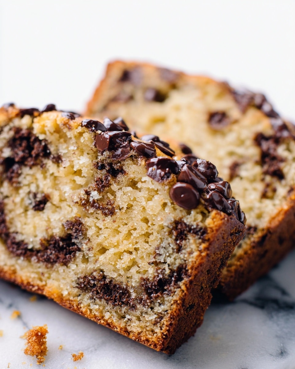 The close-up image shows two thick slices of moist cake with a golden-brown crust on the edges and bottom. The inside layers are light beige with a soft, crumbly texture and contain dark chocolate chips spread unevenly throughout. A generous layer of glossy, dark chocolate chips sits on top of each slice, adding a shiny, almost wet look to the crumbly surface. The slices rest on a white marbled surface that highlights their rich, warm colors. Photo taken with an iphone --ar 4:5 --v 7