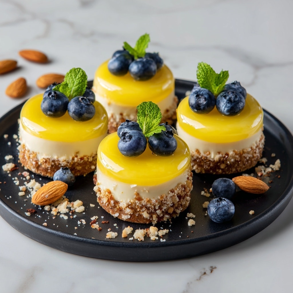 The image shows a small round dessert with three visible layers on a white plate. The bottom layer is a light brown crumbly crust. The middle layer is creamy and pale yellow. The top layer is a shiny, bright yellow glaze, smooth and glossy. On top of the dessert, there are three fresh blueberries and a small green leaf, with some crushed nuts sprinkled around. The dessert is on a white marbled surface. A woman’s hand is slightly touching the edge of the plate. Photo taken with an iphone --ar 4:5 --v 7